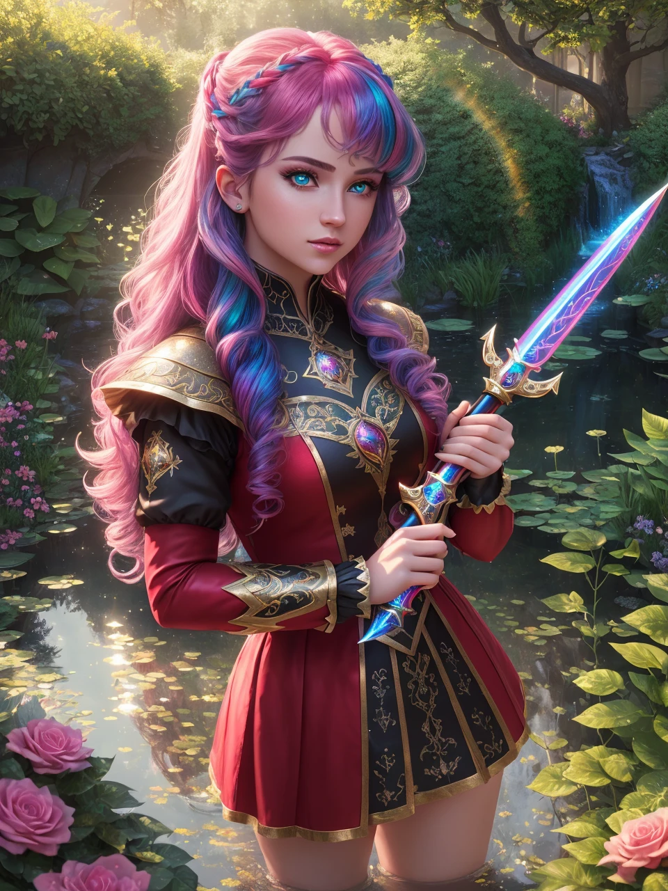 masterpiece, best quality,8k,ray tracing, cinematic lighting, sparkle, 1girl, princess, garden, beautiful detailed water, red eyes, glowing eyes, (rainbow hair:1.1),weapon, Exquisite dagger
