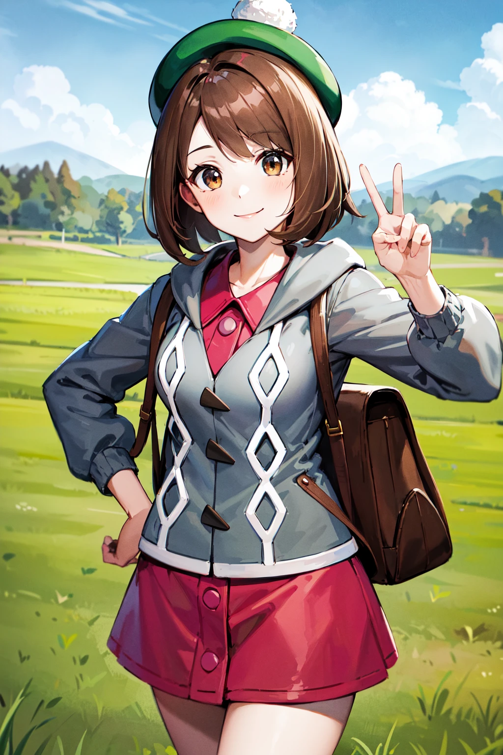 masterpiece, best quality, highres, gloria1, 1girl, gloria \(pokemon\), brown hair, solo, backpack, brown eyes, tam o' shanter, grey cardigan, pink dress, short hair, green socks, socks, brown bag, bob cut, bangs, long sleeves, collared dress, <lora:gloria_(pokemon)_v1:0.6>, cowboy shot, hand on hip, smile, peace sign, field, grass,