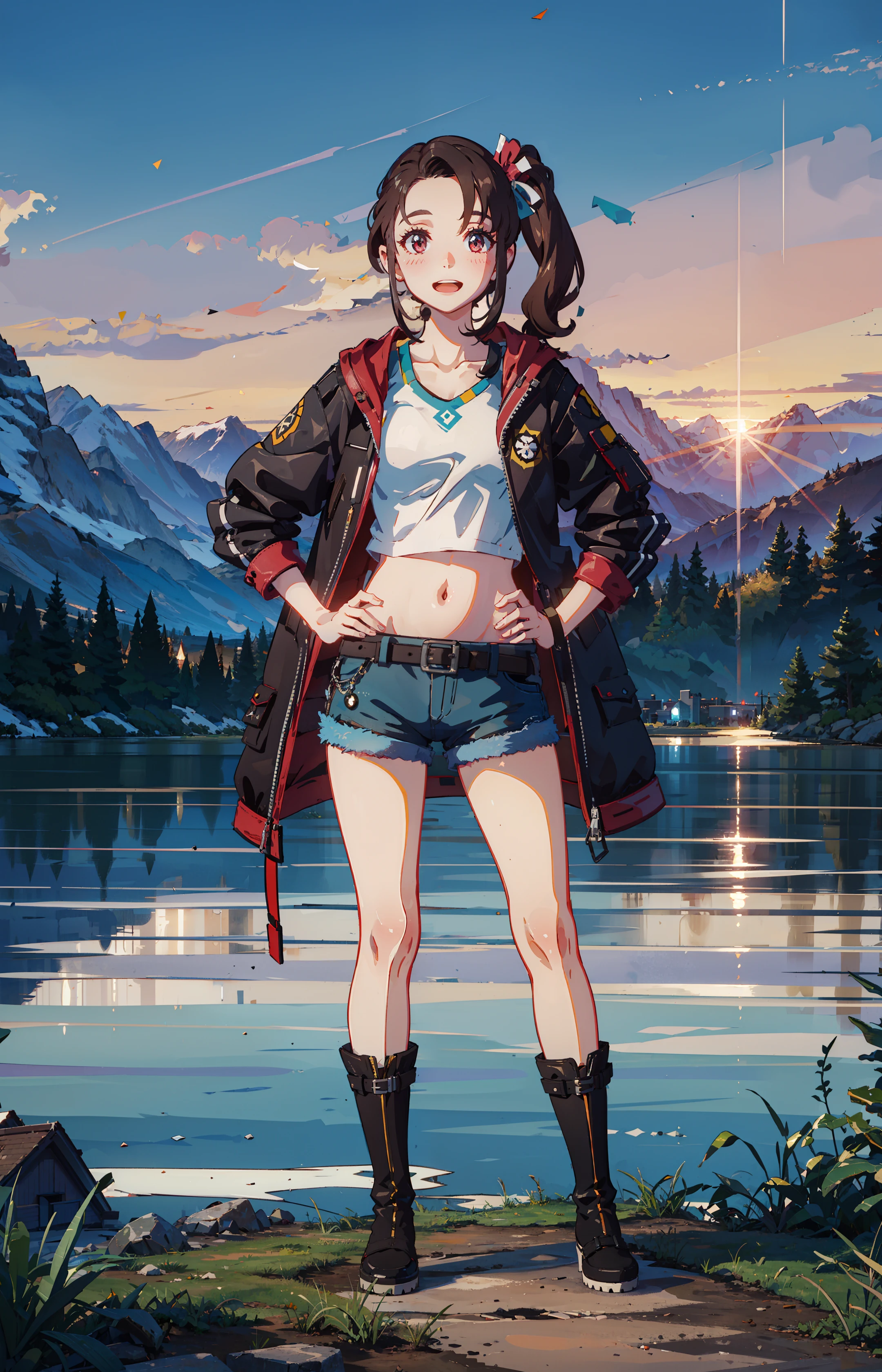 masterpiece, best quality, smile, open mouth, upper teeth, blush, hands on hips,
1girl, forehead, side ponytail, jacket, short shorts, navel, solo, very long hair, full body, boots, 
sky, sun, mountain, forest, grasslands