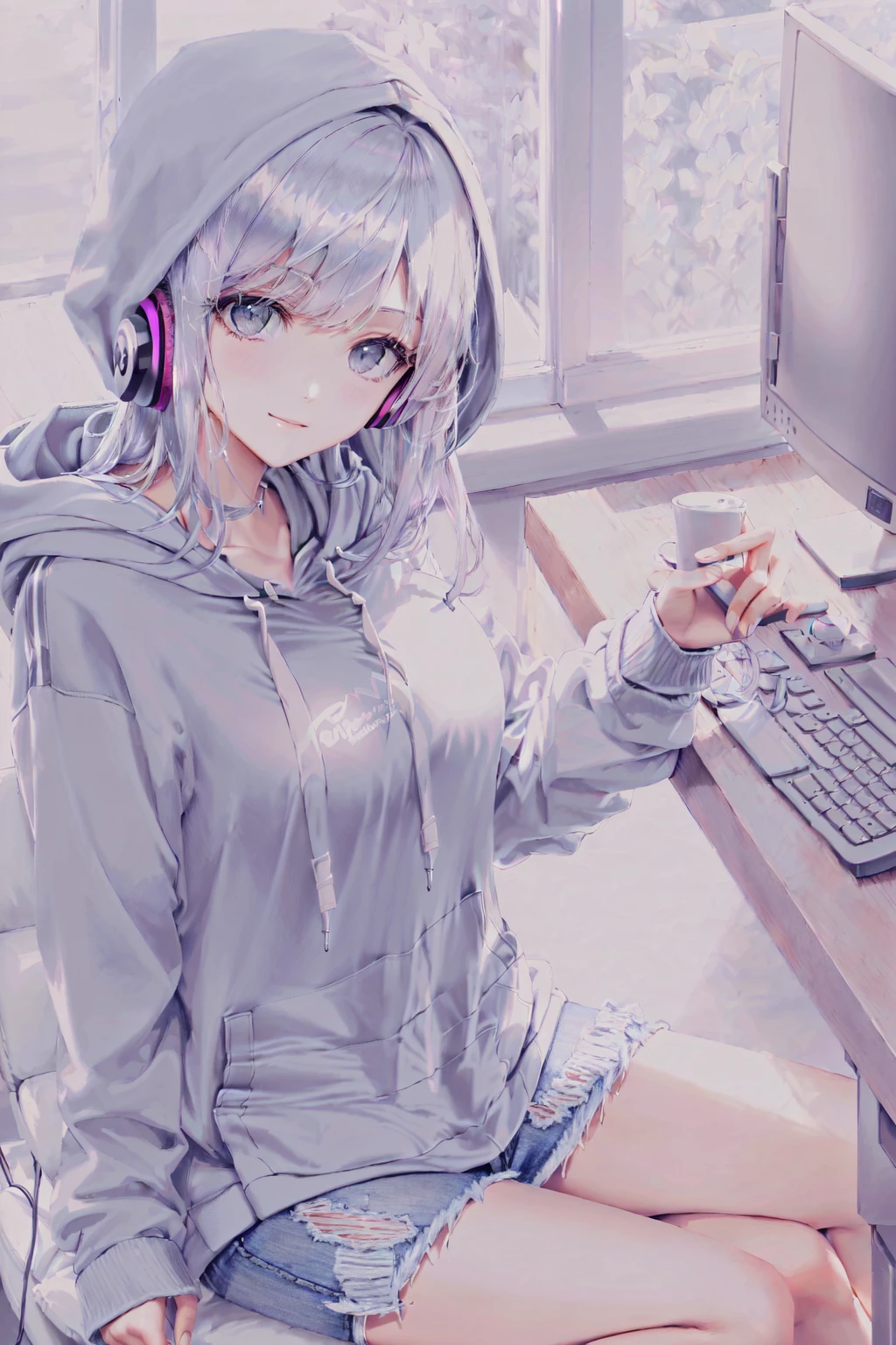 (masterpiece, best illustration, best manga), (extreme detail, ultra fine), solo, 1girl, violet eyes,(sitting at a computer:1.4),(long hair), (gamer headphones), (large tv in the background), (pink hair), (large breasts:1.3), (sexy), (vivid colors),(wearing a hoodie:1.8), (denim jeans), (extreme light and shadow, volumetric lighting), (rim lighting:1.5), (solo), (80s style:.5),(ultra sharp:2),