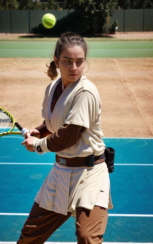 woman in jedioutfit is playing tennis <lora:jedioutfit:1> , RAW photo, 8k uhd, dslr, soft lighting, high quality, film grain, Fujifilm XT3,8k HD high definition detailed realistic, hyper detailed,higly detailed face,higly detailed hands