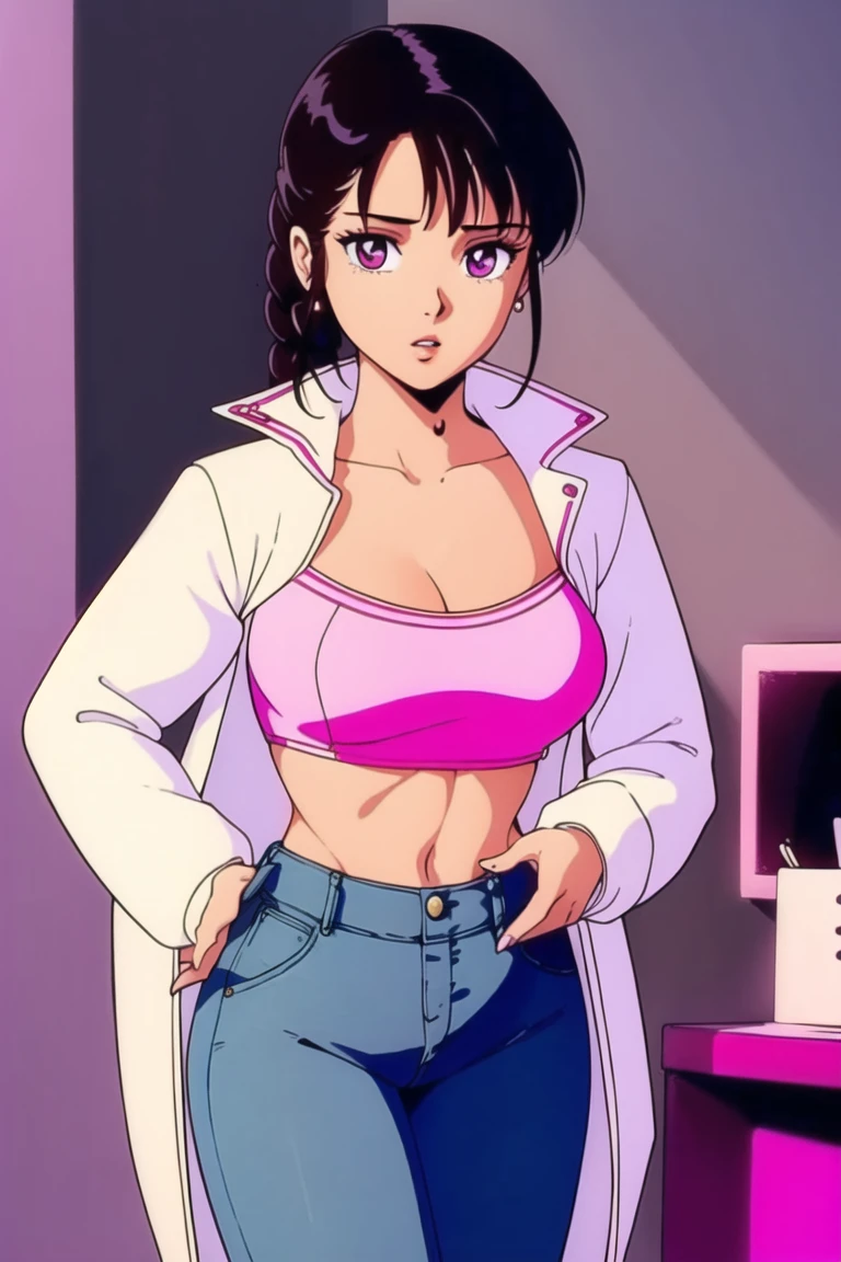 Fit Dark-haired Caucasian woman with a ponytail, in green pink and white striped bra, green pink and white striped high cut panties, in locker room, anime art style, intricate details