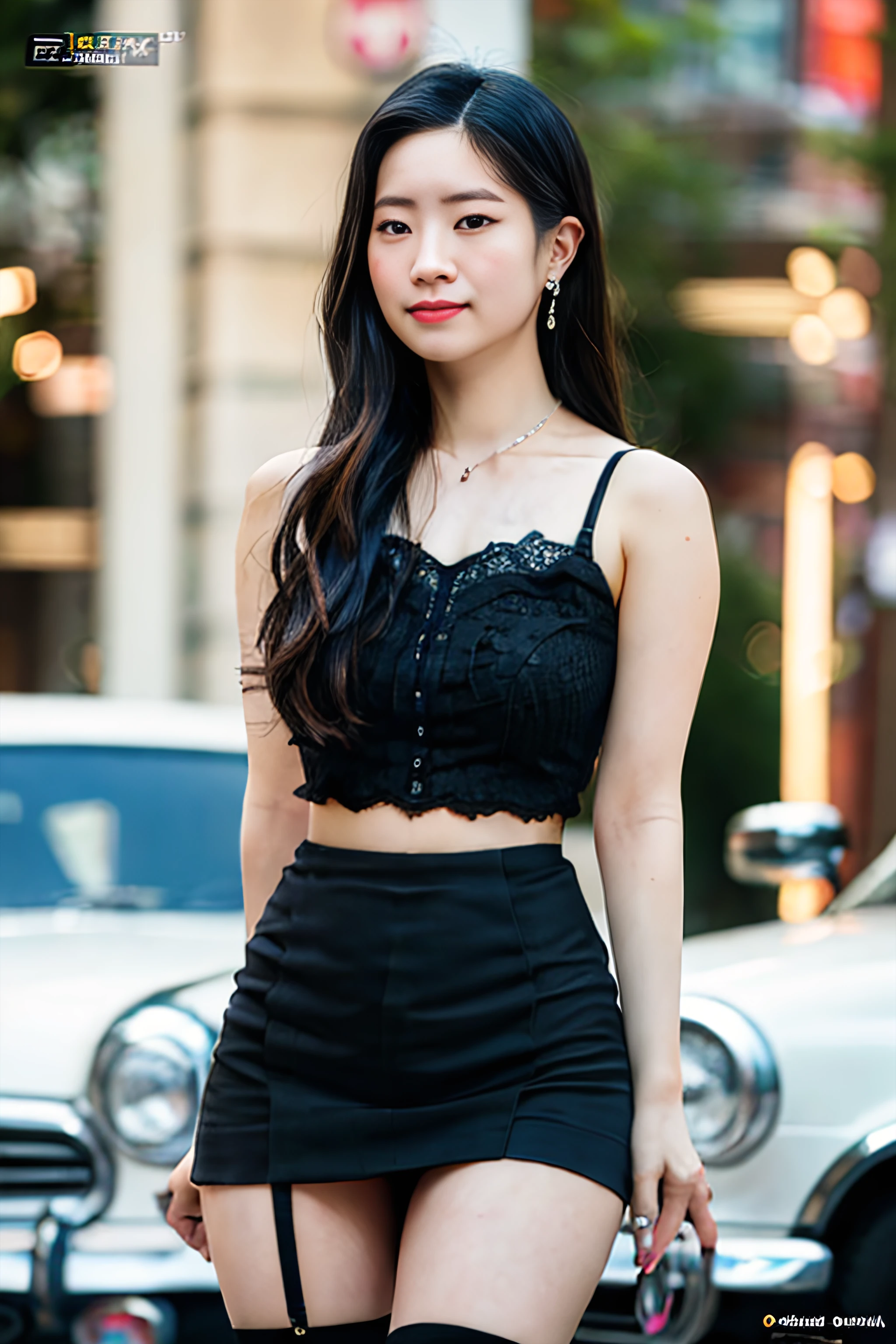 (8k, RAW photo, best quality, masterpiece:1.2),(High detail RAW color photo professional close photograph),(realistic, photo-realistic:1.37),(best shadow),(best illustration), (ultra high res,extremely detailed CG unity 8k wallpaper),(physically-based rendering),(cinematic lighting),(1 girl:1.5),(bokeh:1.4),(collarbone),(shapely), (slim waist),(oval face),(wide shoulder), (intricate lace hair ornament),arms behind back, (upper body portrait),(silk stockings),(mini skirt), dahyunnie, dahyun, closed mouth, black hair, solo, earrings, black eyes, realistic, looking at viewer, (smile), <lora:xelors_TwiceDahyun_v1.0:0.770>