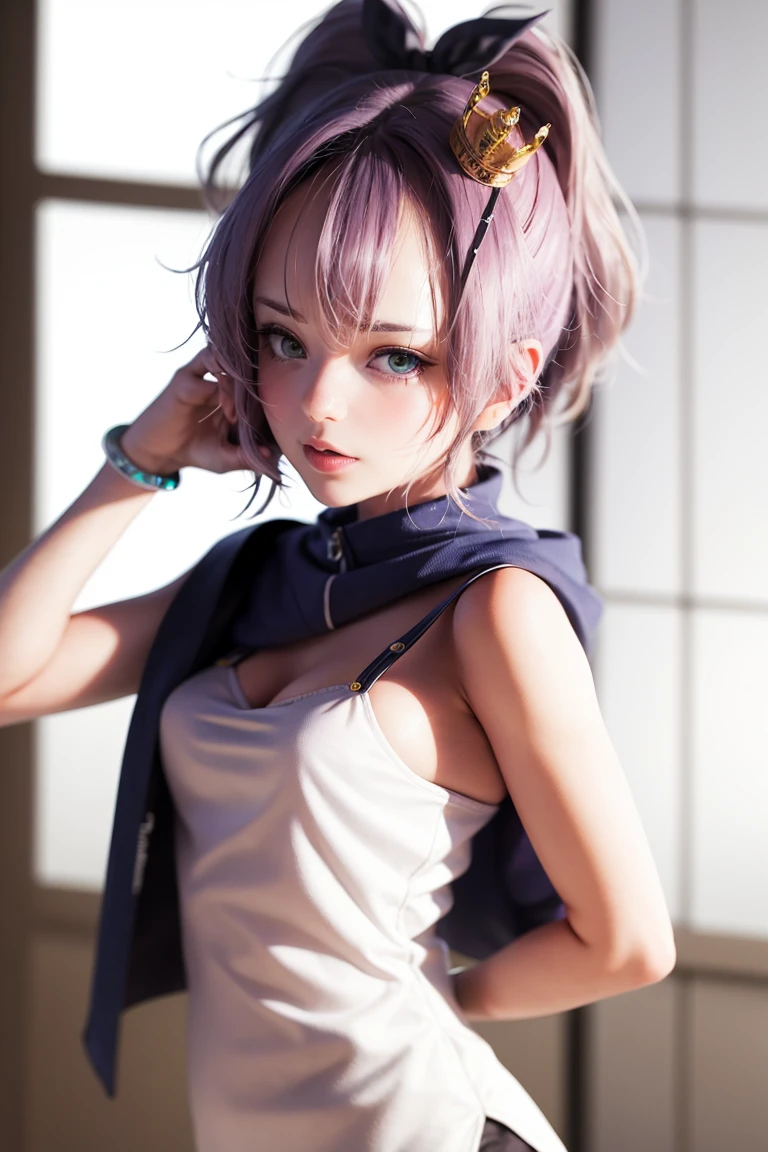 <lora:javelin_v1.0:0.8>,1girl, crown, camisole, ribbon, purple_hair, mini_crown, bracelet,white_camisole, hair_ornament, looking_at_viewer, black_ribbon, solo, hair_ribbon, gloves,chain,hood,indoors,, 8yk,raw photo, High Detail,(ray tracing),(masterpiece), (best quality), highres,(realistic:1.4),ultra detailed, physically-based rendering,