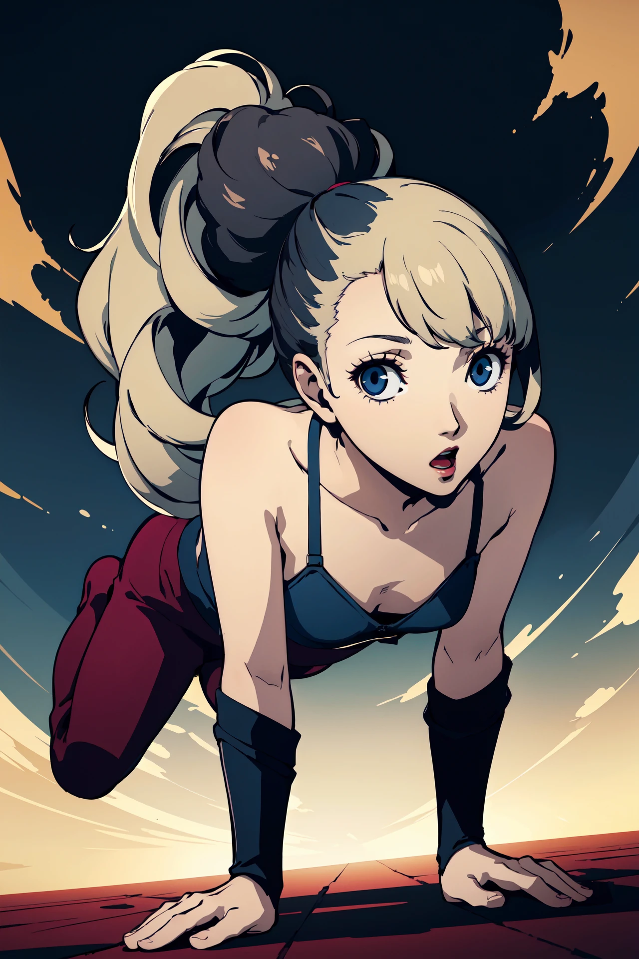 (best quality:1.2), 1girl, (atmospheric perspective, all fours, :o, two-tone hair, very long hair, curly hair, high ponytail, flat_chest, barn),