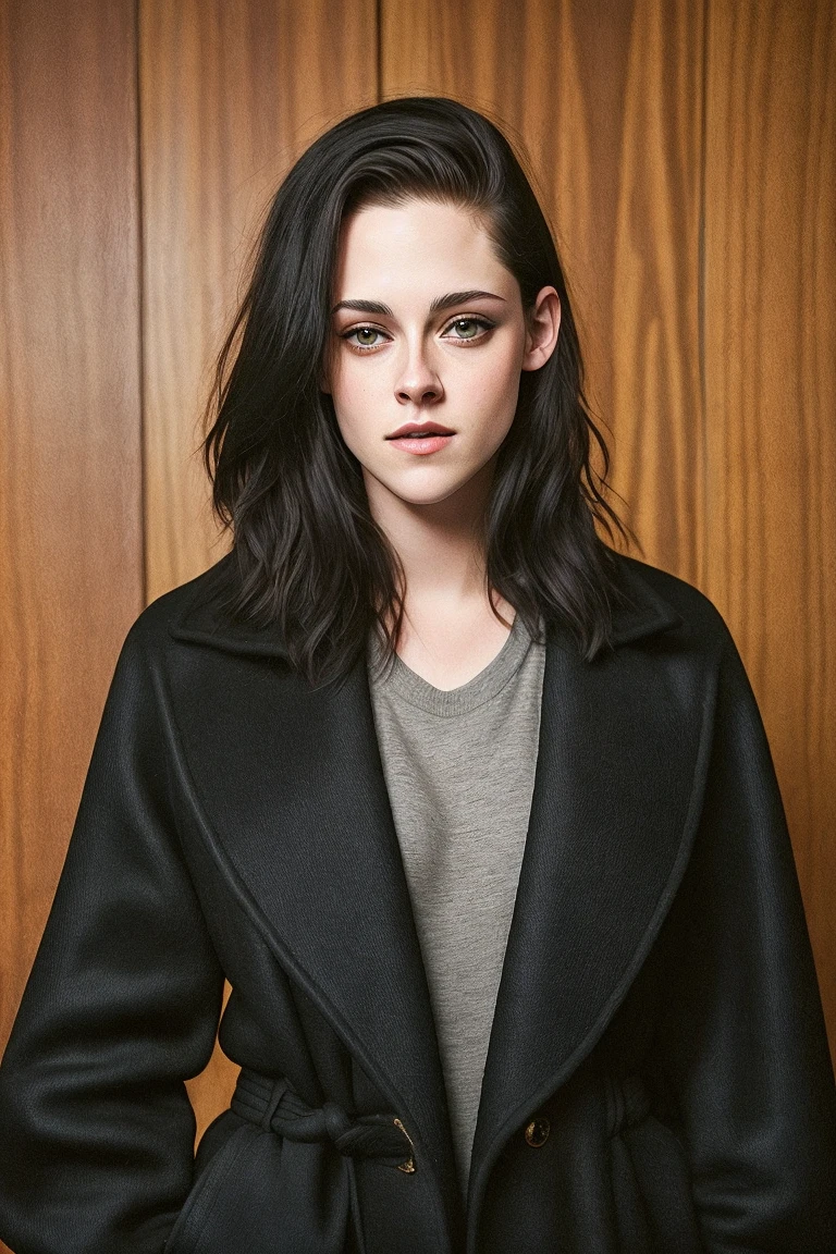 RAW photo, close portrait photo of (kr1st3nst:0.99) posing, long black coat, long haircut, (black hair:1.2), pale skin, slim body, (high detailed skin:1.2), 8k uhd, dslr, soft lighting, high quality, film grain, Fujifilm XT3 sharp focus, f 5.6