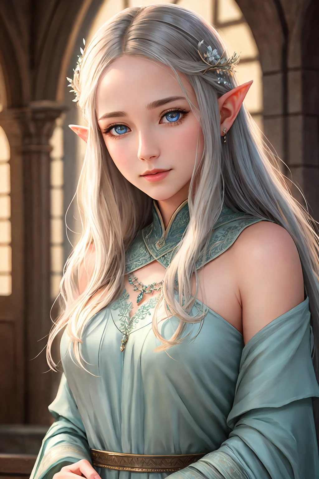 (detailed face, detailed eyes, clear skin, clear eyes), lotr, fantasy, elf, female, full body, looking at viewer, portrait, photography, detailed skin, realistic, photo-realistic, 8k, highly detailed, full length frame, High detail RAW color art, piercing, diffused soft lighting, shallow depth of field, sharp focus, hyperrealism, cinematic lighting