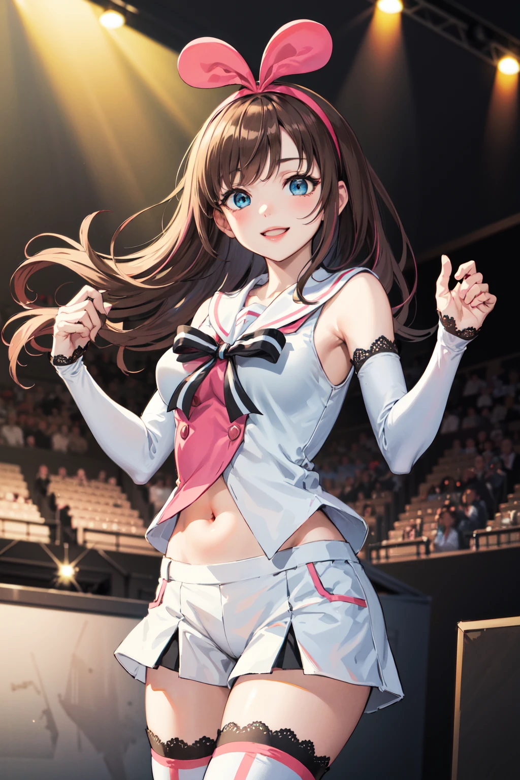 masterpiece, best quality, highres, 1girl, kizuna ai, long hair, brown hair, hairband, multicolored hair, short shorts, floating hair, pink hairband, white shorts, detached sleeves, navel, sailor collar, streaked hair, pink hair, blue eyes, white thighhighs, medium breasts, lace-trimmed sleeves, sleeveless shirt, striped, white sailor collar, bowtie, hair bow, swept bangs, white shirt, lace-trimmed legwear, <lora:kizuna_ai_v10:0.6>, cowboy shot, smile, on the stage,