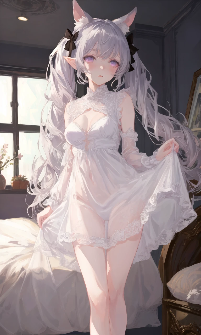art by Cornflower, dreamy, <hypernet:Cornflower_Phantom_original:1.0>
(masterpiece, best quality, illustration,game_cg 1girl, beautiful detailed eyes, cinematic lighting,very long hair and silver hair,pink_eyes,pointy_ears,oppai-loli,slim_waist,skinny,naughty_face,hair_ribbon,spring,twintails,standing,see-through_summer_dress,bed,window,lace,dancing,see-through_white_stocking,slim_legs,)<lora:Cornflower-000001:0><hypernet:Cornflower_Phantom:0>