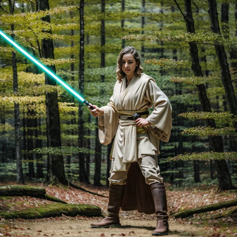 woman in jedioutfit is cutting a tree in a forest<lora:jedioutfit:1> ,RAW photo, 8k uhd, dslr, soft lighting, high quality, film grain, Fujifilm XT3,8k HD high definition detailed realistic, hyper detailed,higly detailed face,higly detailed hands