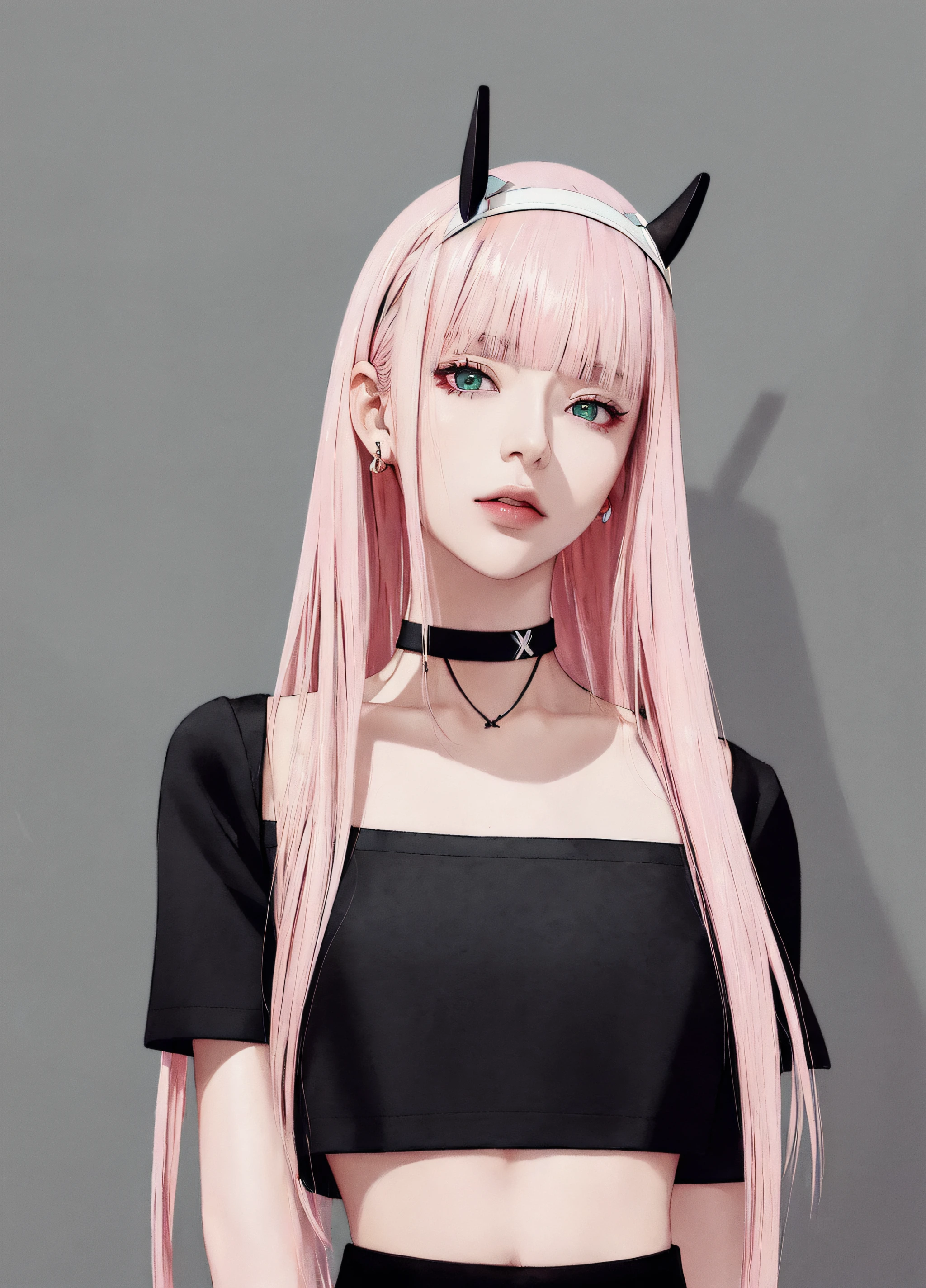 (masterpiece, best quality, 1girl, solo, intricate details, chromatic aberration),(realistic:1.2), zero two \(darling in the franxx\), darling in the franxx, ((zero two)), (white hairband:1.4), (small red horns),(pureerosface_v1:0.3),(((medium breath))),((pink hair:1.4,blunt bangs)),detailed hair, hair over one eye,(green eyes), small earrings, sharp eyes, choker,((black crop top:1.4)),open waist,((symmetry eyes)),((perfect symmetrical body)),night,(((natural light))),(standing),(grey background:1.3), dim lighting ,look at viewer,((centered shot, from front,(face and waist))),<lora:koreanDollLikeness_v15:0.4> , <lora:zeroTwoDARLINGInThe_offset:0.7>