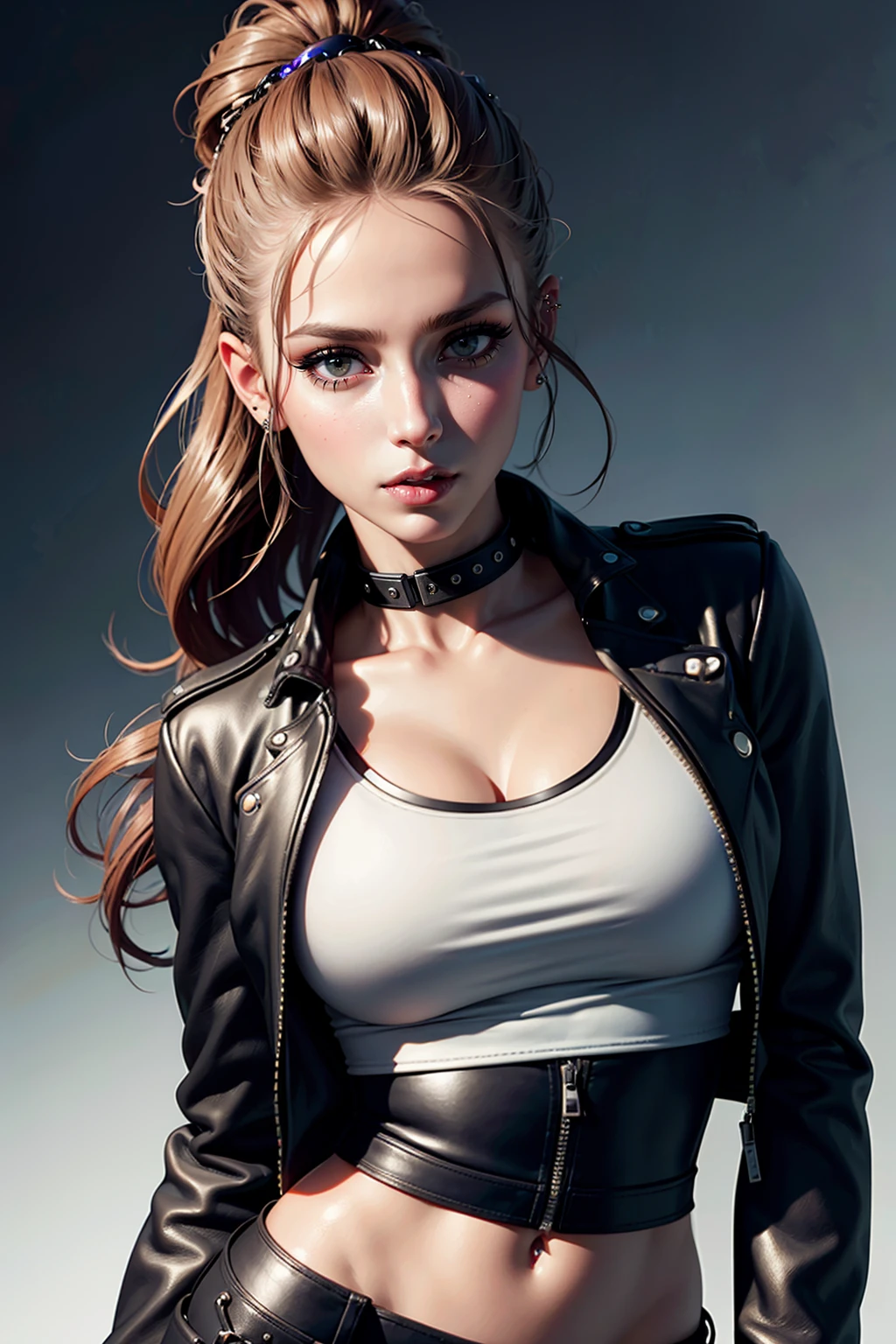 An ultra-realistic CG illustration of an american woman with a piercing gaze and bold makeup. She's wearing a leather jacket with a crop top, and her long hair is styled in a sleek updo.
