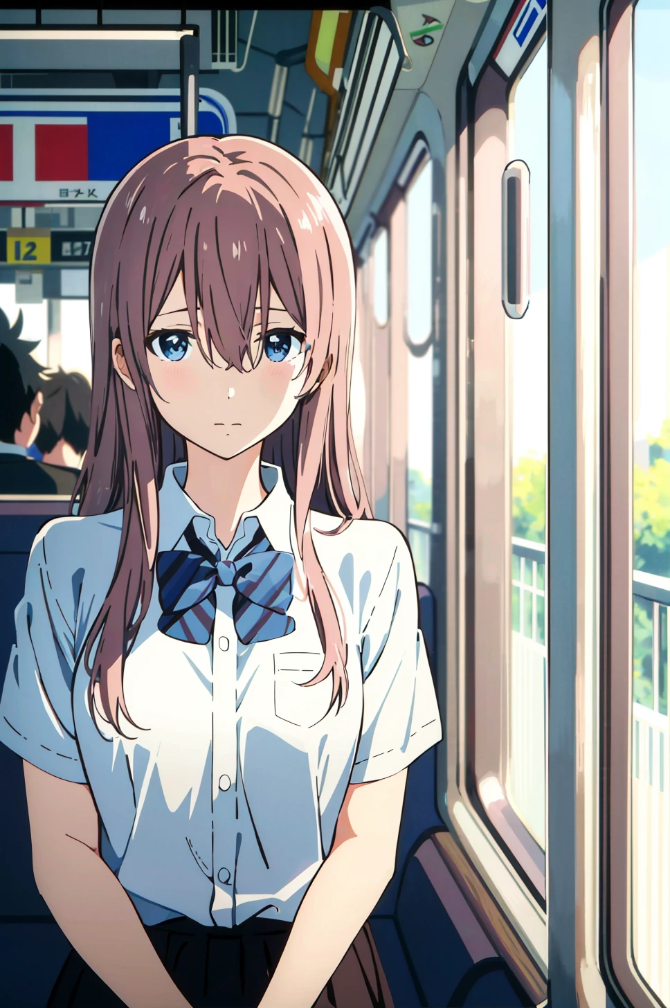 koe no katachi, shirt, 1girl, collared shirt, long hair, train interior, white shirt, bow, brown hair, short sleeves, letterboxed, bangs, solo, closed mouth, facing viewer, blurry, school uniform, blue bow, dress shirt, upper body, depth of field, hair between eyes, blurry background, bowtie, ground vehicle, indoors, ((masterpiece)) <lora:koe_no_katachi_offset:1>