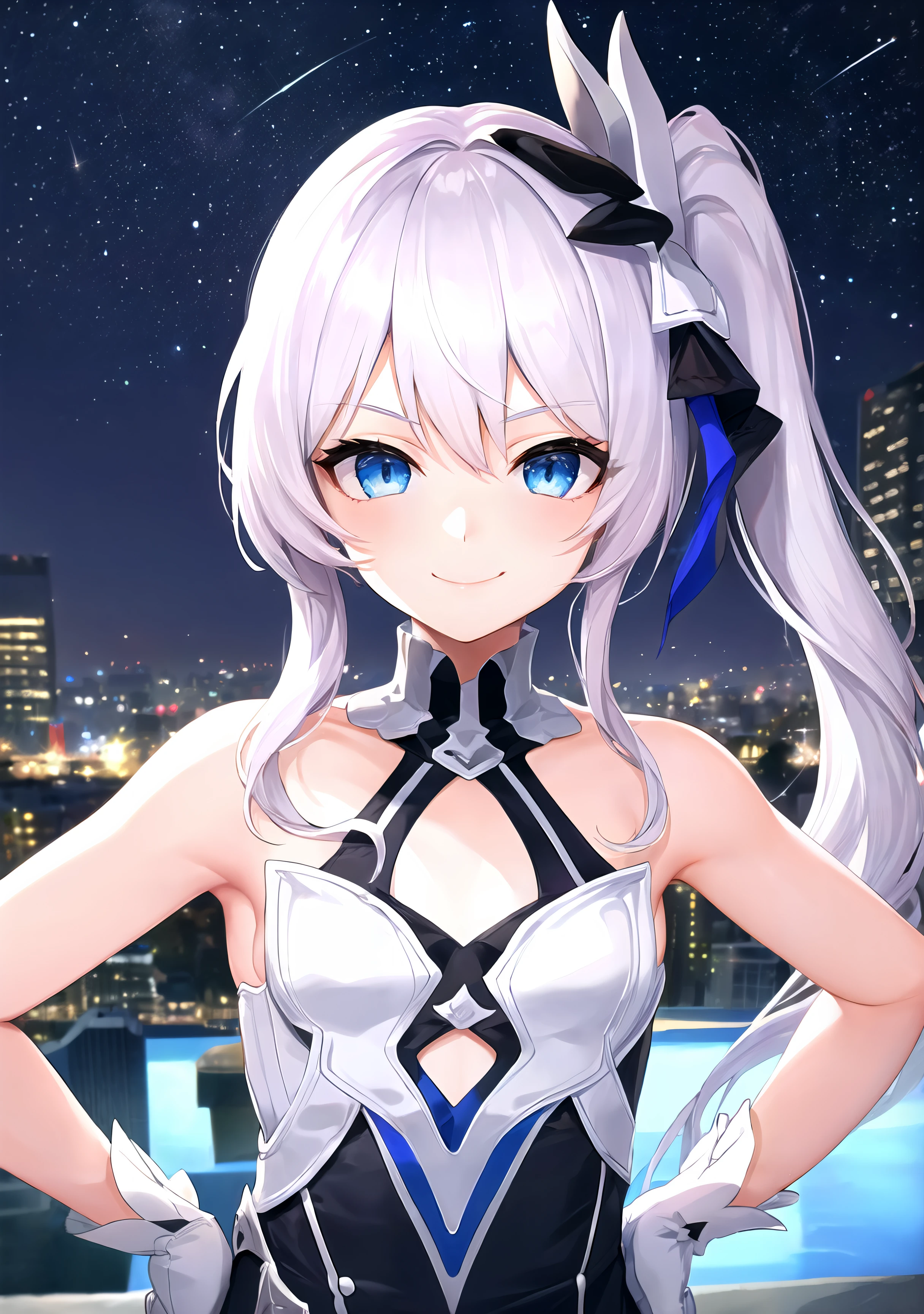 <lora:TeriTP-net-locon-16-16:1>1girl, solo, absurdres, best quality, (smug smile:1.2), white hair, blue eyes, sleeveless dress, hair ornament, black dress, short, side ponytail, long hair, outdoors, nighttime, night, city, stars, starry sky, small breasts, flat chest, white gloves, white stockings, (hands on hips:1.2), (portrait, straight on, POV, looking at viewer, upper body:1.3)