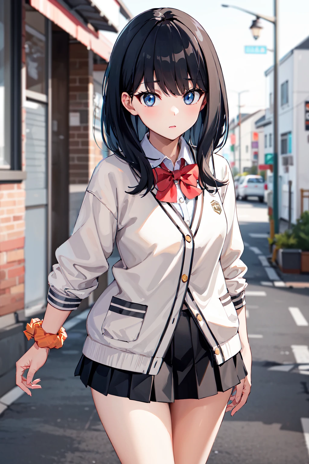 masterpiece, best quality, highres, rikka1, 1girl, takarada rikka, black hair, solo, blue eyes, wrist scrunchie, long hair, red socks, school uniform, black skirt, bangs, pleated skirt, orange scrunchie, red bow, white cardigan, long sleeves, bowtie, white shirt, miniskirt, white sweater, <lora:takarada_rikka_v1:0.6>, cowboy shot,