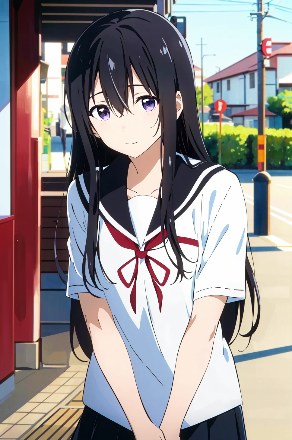 koe no katachi, 1girl, long hair, black hair, 1boy, school uniform, purple eyes, shirt, blurry, serafuku, sailor collar, letterboxed, outdoors, white shirt, closed mouth, kitauji high school uniform, looking at another, depth of field, bangs, day, collarbone, blurry background, white sailor collar, solo focus, ((masterpiece)) <lora:koe_no_katachi_offset:1>