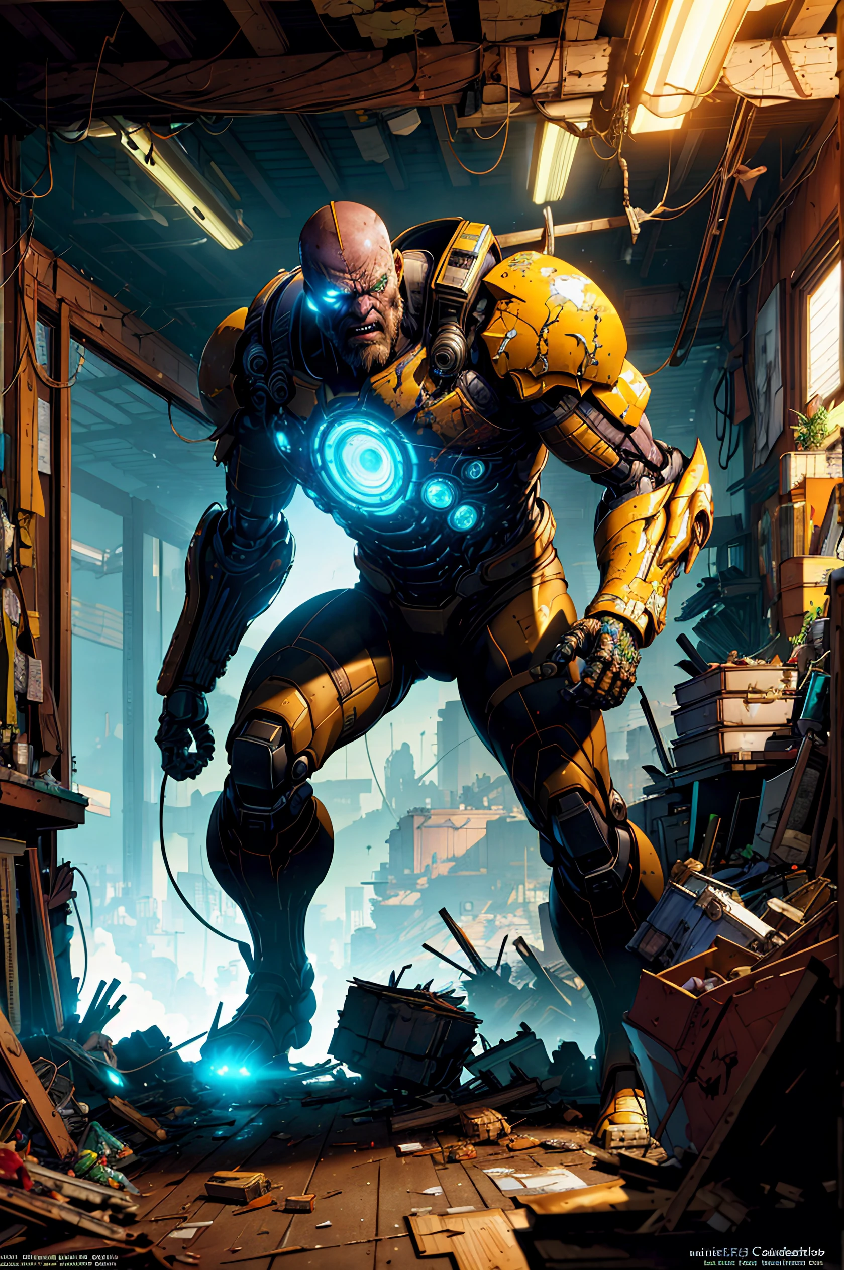 Wide angle Environmental shot in a cluttered and messy shack , action shot, tattered torn shirt, porcelain cracked skin, league of legends, vibrant, photo realistic, realistic, dramatic, dark, sharp focus, 8k."Robot destroyed to pieces with glowing yelow visor as a realistic scifi cyberpunk knight, medium shot, intricate,unreal engine, cozy indoor lighting, artstation, detailed, "james gurney, katsuhiro otomo, james paick, cinematic lighting, vibrant nature, Craig Mullins, Greg Rutkowski, Pete Morbacher, Tuomas Korpi, tekkon kinreet, volumetric light, trending on artstation, octane rendering.", trending on artstation, sharp focus, studio photo, intricate details, highly detailed, by greg rutkowski