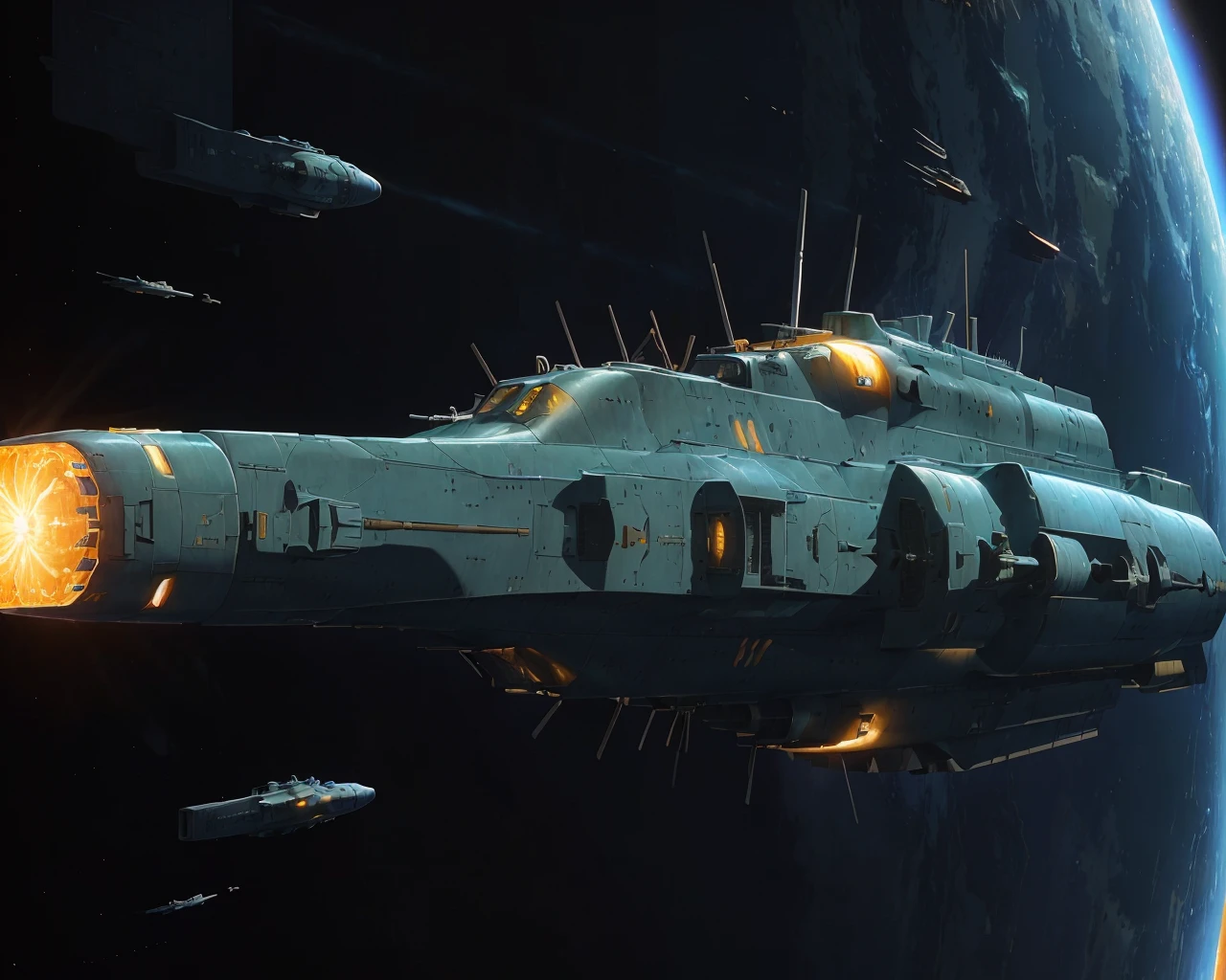 best quality,masterpiece,highly detailed,ultra-detailed,
(logh spacecraft, space_battleship look like submarine u2, science fiction , scifi :1.1) in orbit earth \(planet\), starry sky, nebula, beam,laser,glowing engin,
<lora:LOGH:0.6>