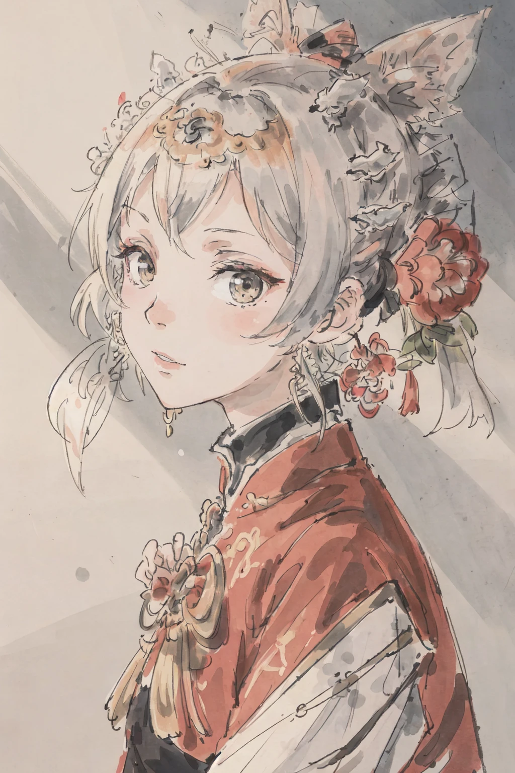 masterpiece,best best quality,sunset light,handsome (1girl) ,ponytail,chinese style archer,(Begonia flower),((beautyfull intricacy clothing)), ((decorative pattern details)),short sleeves,boots,handsome,serious, outdoors, wild,standing, long hair,looking at viewer,short hair, full body, mid shot <lora:ChineseOperaCostumes_v10:0.5>