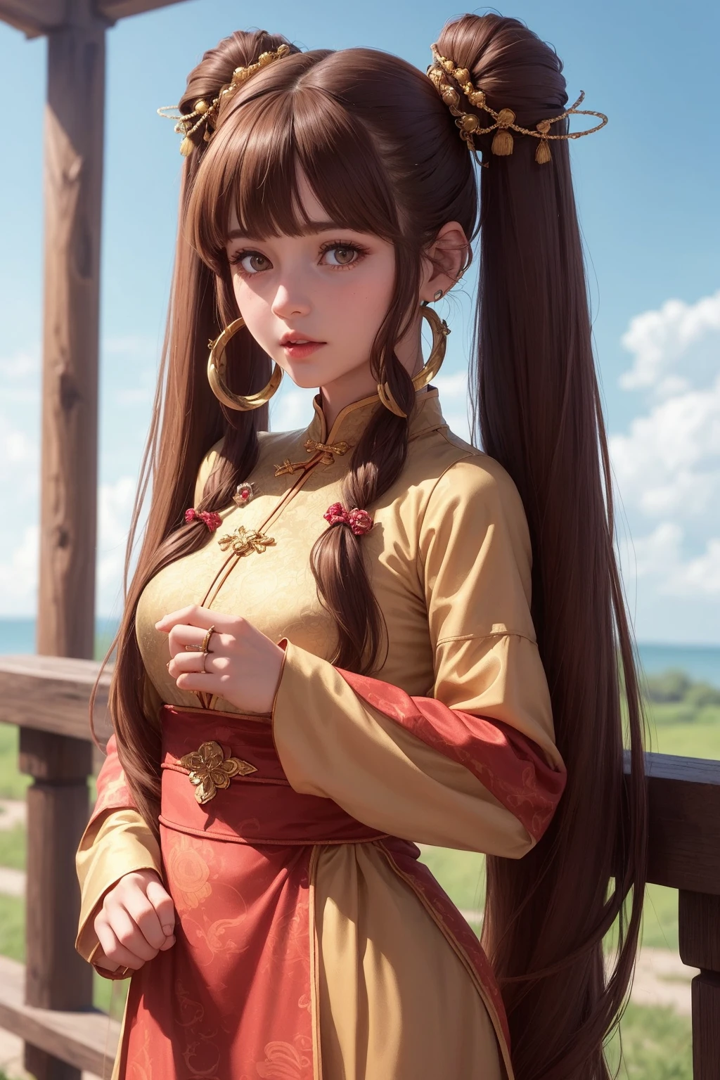 (best quality), (hyperrealistic), mh-yk, 1girl,  solo, brown hair, brown eyes, , long hair, chinese clothes, twintails, outdoor, hair rings, dress, jewelry, bangs