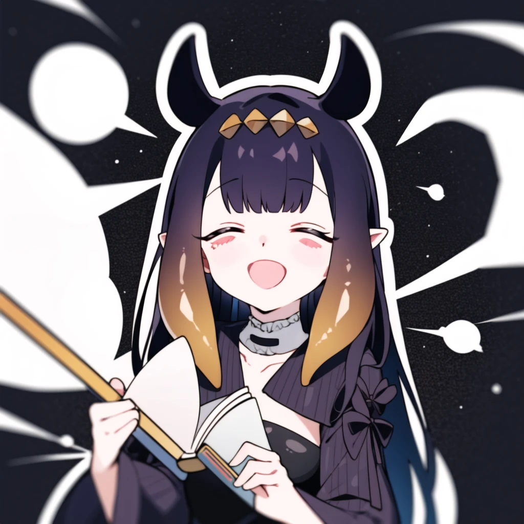 best quality, ((stickers)), upper body, ina_priestess, black dress, tentacle hair, :d, holding book <lora:ina-03:1> <lora:stickers:1>