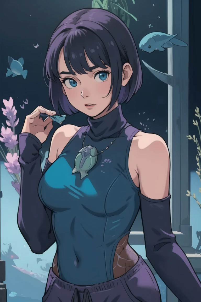 girl, (hotify:1.2), (ancient:1.4), (Fantasy,Aquarium:1.4),Thicc,Round Breasts,(Relaxing),Very Short Hair,Bob Hair,(cyan Turtleneck,lavender Joggers:1.3),fate (series),Bare Shoulders ,(masterpiece,detailed,highres:1.4)