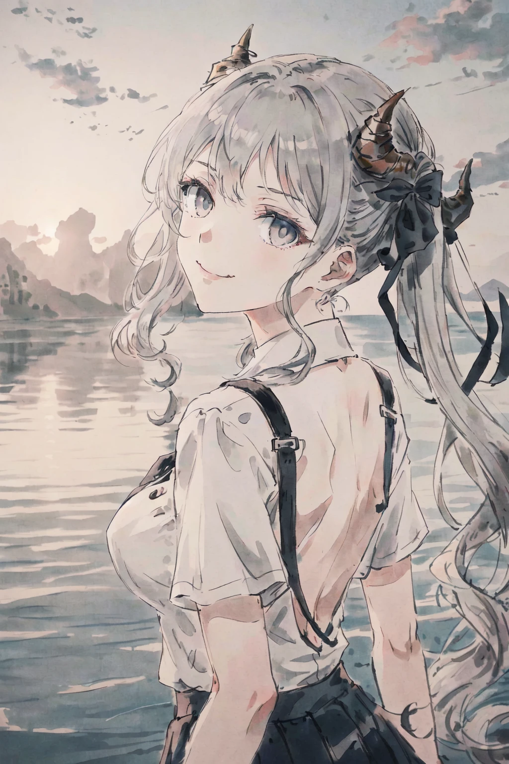 1girl,upper body,beautiful detailed eyes, medium_breasts, long hair,grey hair, grey eyes, curly hair, bangs, smug, twintails, beautiful detailed sky, beautiful detailed water, dramatic angle, ((back to the viewer)),(an extremely delicate and beautiful),school uniform,black ribbon,light smile, ((sfw)), horns