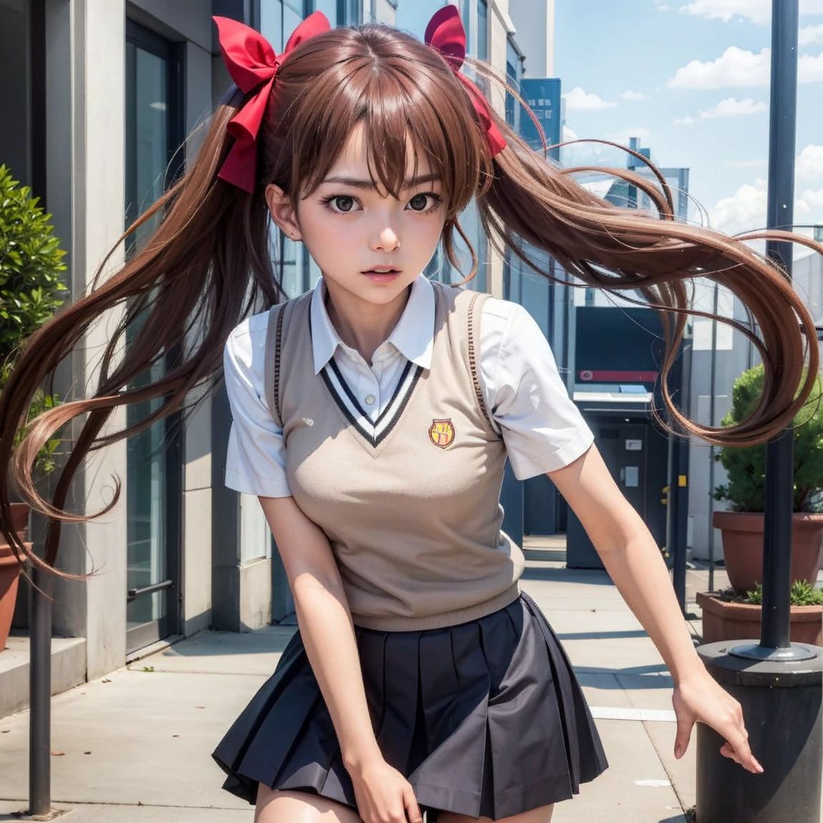 <lora:ShiraiKuroko_v1:0.45>, shirai_kuroko, (armband, blue skirt, bollard, bow, brown sweater vest, dress shirt, floating hair, green armband, hair between eyes, hair bow, holding needle, long hair, needle, pleated skirt, red bow, red eyes, red hair, school uniform, shirt, skirt, street, sweater vest, thigh strap, tokiwadai school uniform, twintails, wavy hair, white shirt:0.8)