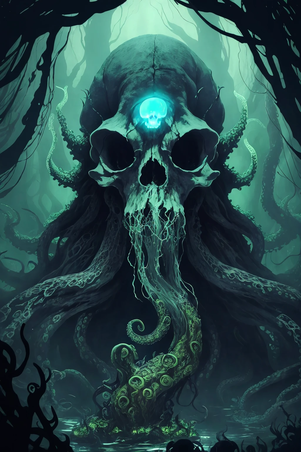 dark swamp eldritch monster (skull face:1.2) rising out of the water moss slime vines (octopus tentacles:1.2) churning water fireflies midnight moonlight backlight (masterpiece:1.2) (illustration:1.2) (best quality) (detailed) (intricate) (8k) (HDR) (wallpaper) (cinematic lighting) (sharp focus)