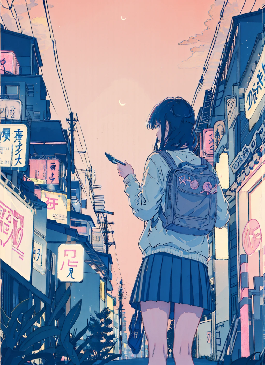 neon, 1girl, bag, backpack, skirt, school uniform, solo, from behind, outdoors, shadow, pleated skirt, moon, silhouette, tree, medium hair, sign, crescent moon, shirt, black hair, standing, pink sky, sky, ground vehicle, serafuku, long hair, utility pole, building<lora:neon:1>