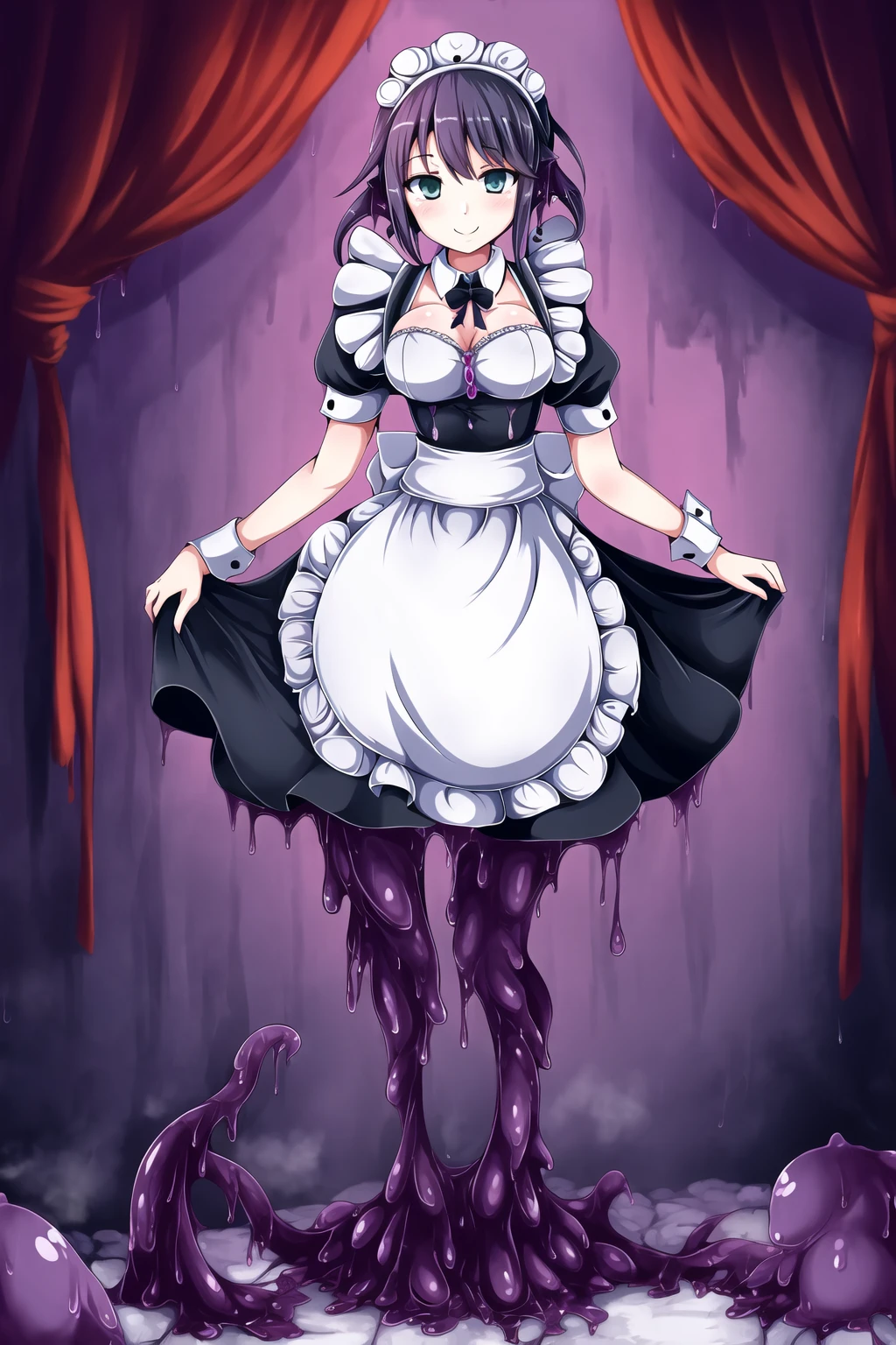 1girl,  shoggoth, maid, body horror, full body, smile,, masterpiece, best quality, masterpiece, <lora:AIOMonstergirlLoRA:1>