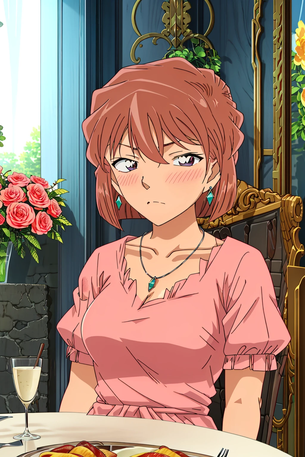 haibaratv,1girl,brown hair,short hair,nose blush,embarrassed, pink lucency full dress,earrings, indoors, banquet,table,necklace, table,chalice,food, flower, window,jewelry, gem,sitting, upper body, chair, 
<lora:haibaratv:0.8>