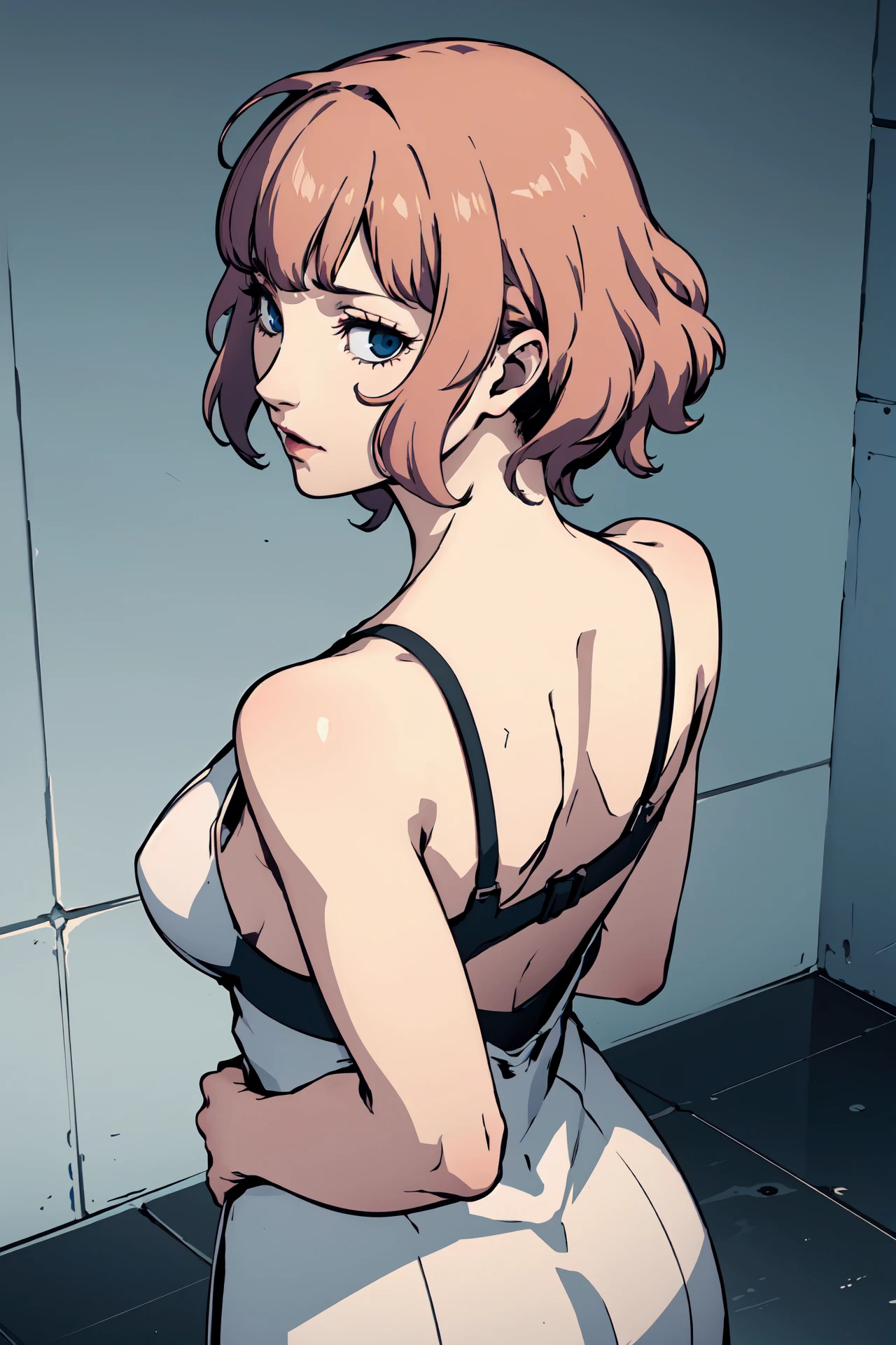 (best quality:1.2), 1girl, (from above, arms behind back, naughty face, alternate hair color, very short hair, ringlets, braid, medium_breasts, infirmary),