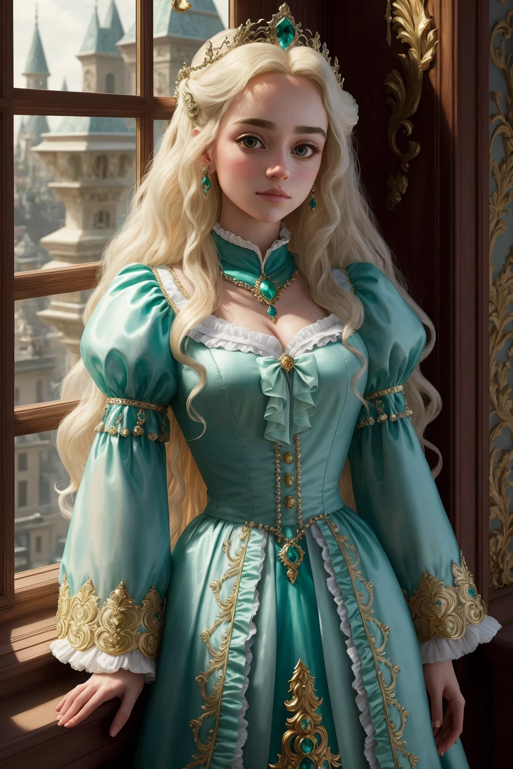 (FollyNobodySD15:0.8) medieval portrait fantasy (royalty:1.1) long blonde wavy hair princess glorious elaborate ornate royal emerald robes tiara gems standing in a detailed luxurious stone castle Game of Thrones Hogwarts bright morning light from window, (masterpiece:1.2) (best quality) (detailed) (intricate) (8k) (HDR) (wallpaper) (cinematic lighting) (sharp focus)