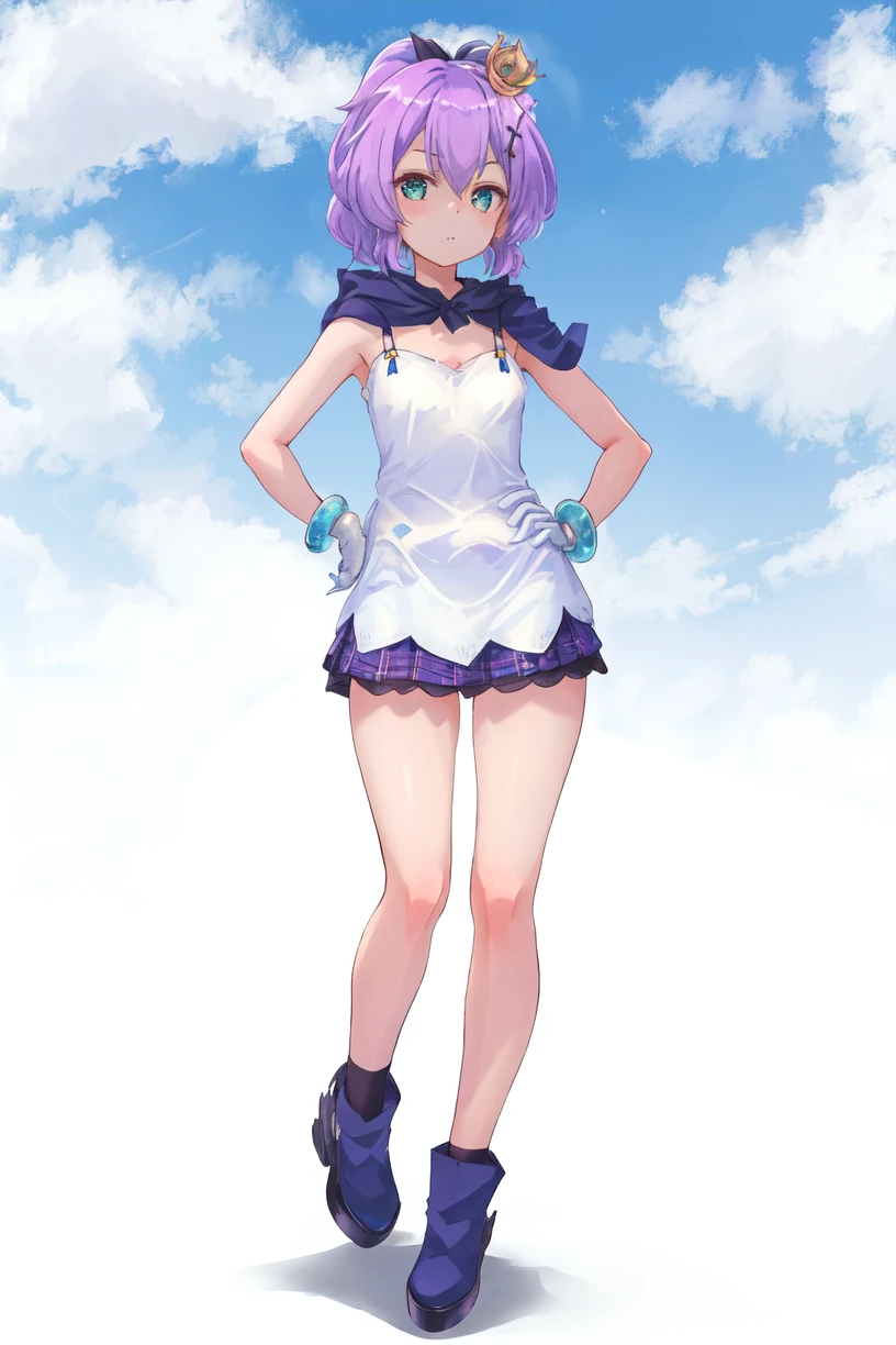 <lora:javelin_v1.0:0.8>,javelin\(azur lane\),1girl, solo, bracelet,white gloves, purple_hair, mini_crown,white_camisole, hair_ornament, looking_at_viewer, black_ribbon, hair_ribbon,blue hood,outdoors, full body, hands on hips, masterpiece, best quality,