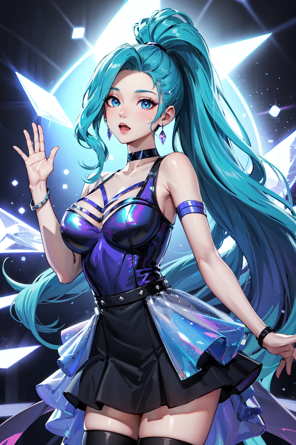 masterpiece, best quality, highres, seraphine1, 1girl, solo, blue hair, k/da \(league of legends\), very long hair, multicolored hair, jewelry, ponytail, blue eyes, earrings, dress, black choker, two-tone hair, purple hair, black thighhighs, bracelet, black skirt, crystal, large breasts, <lora:seraphine_(league_of_legends)_V1:0.6>, on the stage, waving