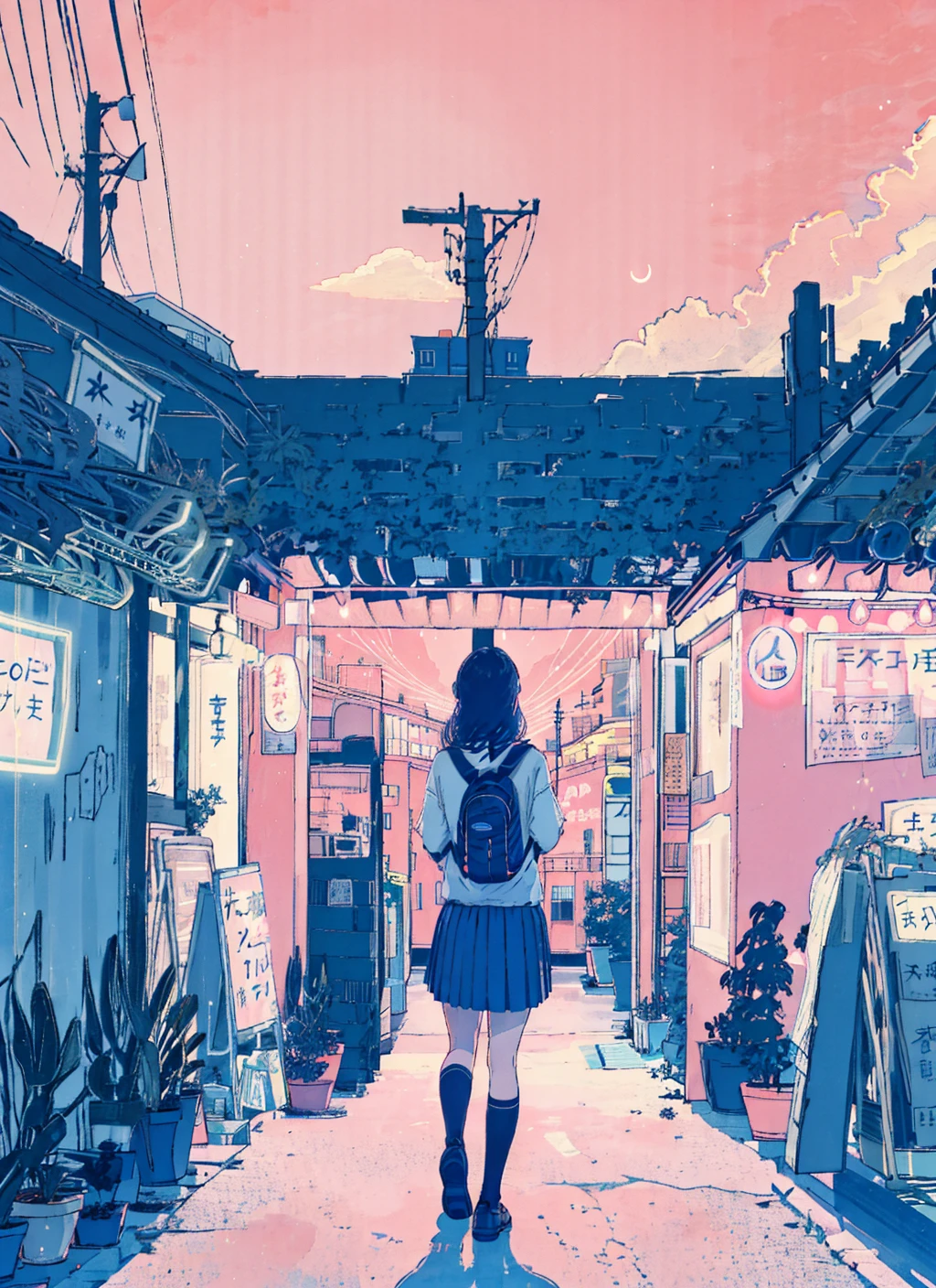 neon, 1girl, bag, backpack, skirt, school uniform, solo, from behind, outdoors, shadow, pleated skirt, moon, silhouette, tree, medium hair, sign, crescent moon, shirt, black hair, standing, pink sky, sky, ground vehicle, serafuku, long hair, utility pole, building<lora:neon:1>