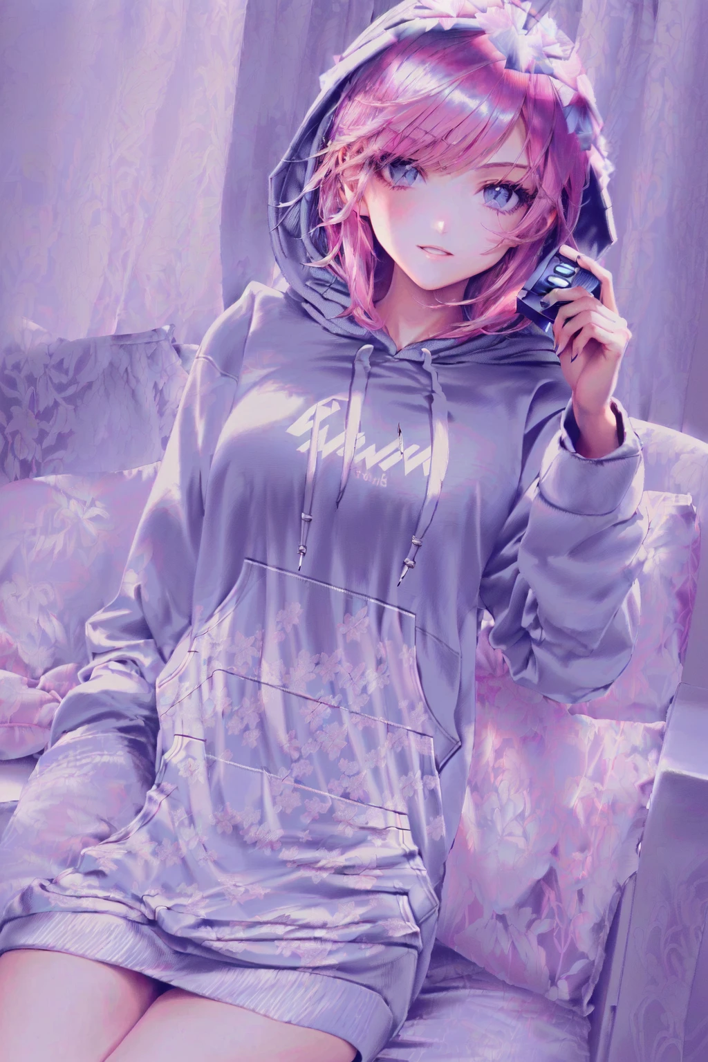 (masterpiece, best illustration, best manga), (extreme detail, ultra fine), solo, 1girl, violet eyes,(holding a computer:1.4),(long hair), (pink hair),  (large breasts:1.3), (sexy),  (vivid colors),(wearing a hoodie:1.8), (denim jeans), (extreme light and shadow, volumetric lighting), (rim lighting:1.5), (solo), (80s style:.5),(ultra sharp:2),