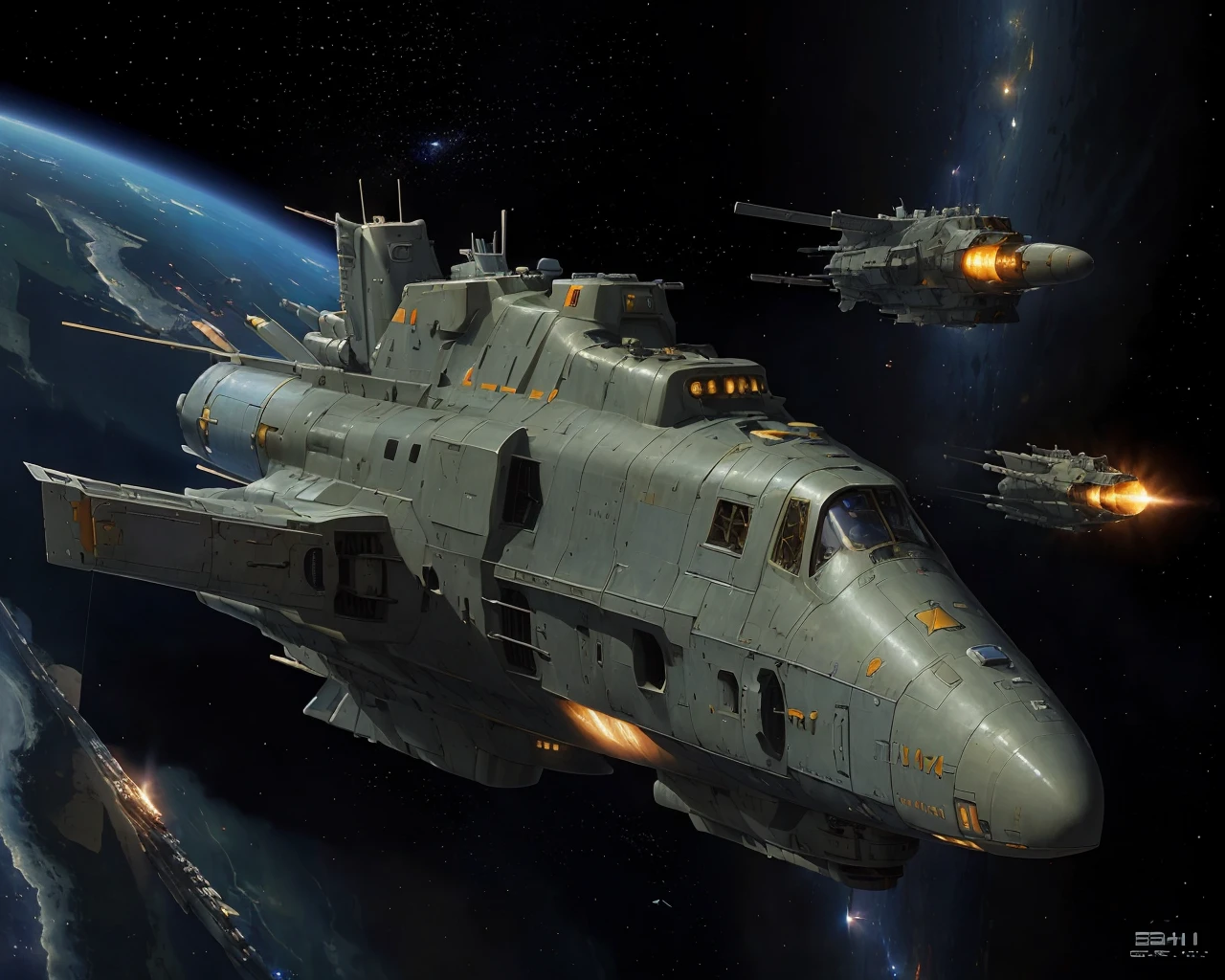 best quality,masterpiece,highly detailed,ultra-detailed,
(logh spacecraft, space_battleship science fiction, scifi :1.3) in orbit earth \(planet\), starry sky, nebula, beam,laser,glowing engin,
<lora:LOGH:0.5>