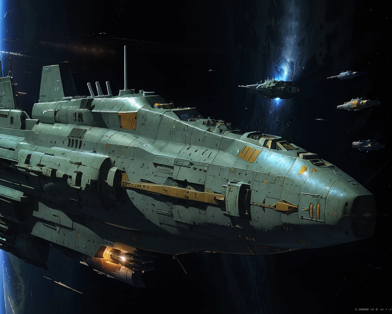 best quality,masterpiece,highly detailed,ultra-detailed,
(logh spacecraft, space_battleship look like submarine u2, science fiction , scifi :1.1) in orbit earth \(planet\), starry sky, nebula, beam,laser,glowing engin,
<lora:LOGH:0.6>