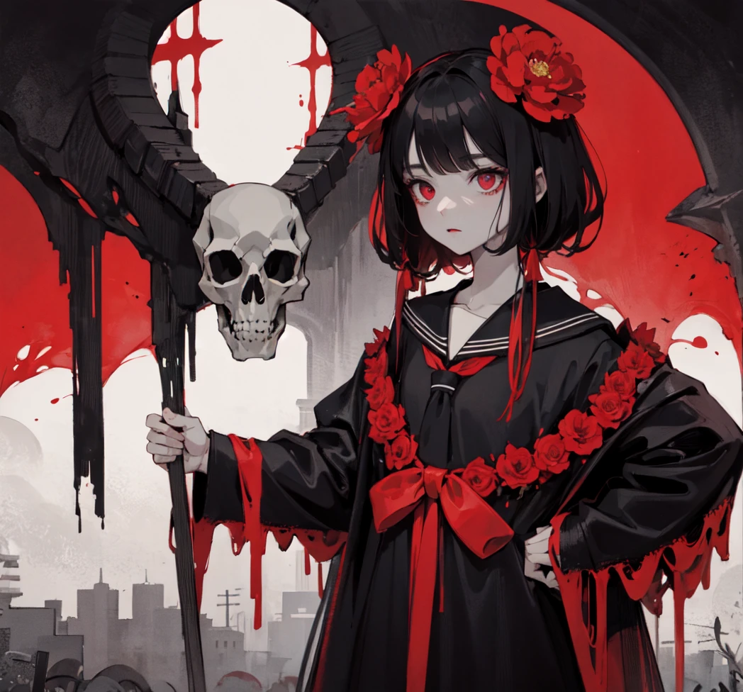official art, unity 8k wallpaper, ultra detailed, beautiful and aesthetic, High quality, beautiful, masterpiece, best quality, (zentangle, mandala, tangle, entangle:0.6), flat color, limited palette, low contrast, 1girl, serafuku, long straight black hair, lycoris flower, goat skull, (red, black), (horror), (gloomy), eerie
