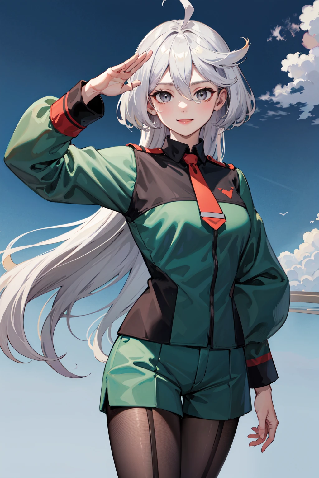 masterpiece, best quality, highres, miorine1, miorine rembran, asticassia school uniform, solo, long hair, grey eyes, grey hair, ahoge, seamed legwear, green shorts, necktie, bangs, hair between eyes, black pantyhose, long sleeves, green jacket, floating hair, red necktie, medium breasts, <lora:miorine_rembran_v1_1:0.6>, upper_body, (salute:1.1), hand on hip, smile.