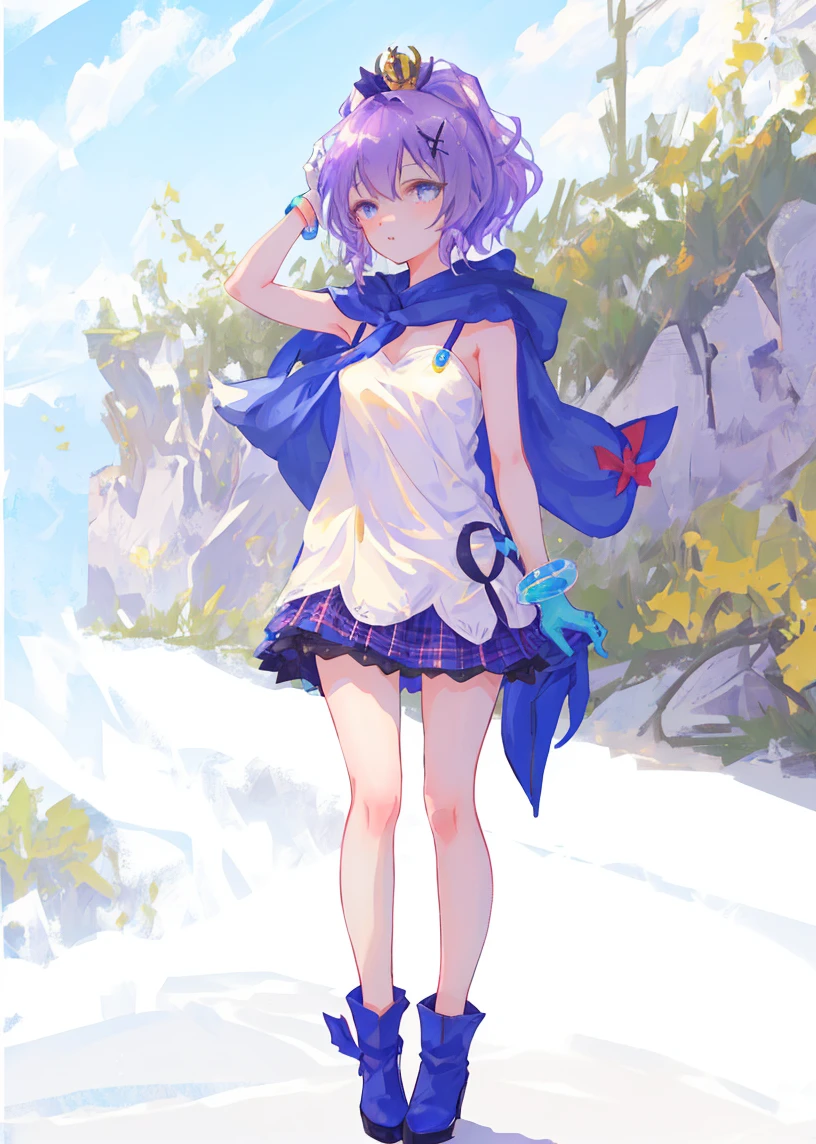 <lora:javelin_v1.0:0.7>,1girl, solo, bracelet,white gloves, purple_hair, mini_crown,white_camisole, hair_ornament, looking_at_viewer, black_ribbon, hair_ribbon,blue hood,outdoors, full body,, masterpiece, best quality,
