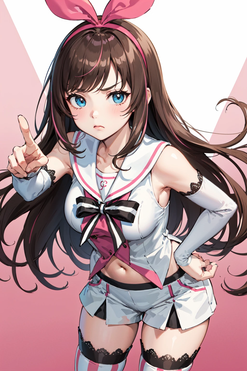 masterpiece, best quality, highres, 1girl, kizuna ai, long hair, brown hair, multicolored hair, short shorts, floating hair, pink hairband, white shorts, detached sleeves, navel, sailor collar, streaked hair, pink hair, blue eyes, white thighhighs, medium breasts, lace-trimmed sleeves, sleeveless shirt, striped, white sailor collar, bowtie, hair bow, swept bangs, white shirt, lace-trimmed legwear, <lora:kizuna_ai_v10:0.6>, frown, pointing at viewer, leaning forward, hand on hip,