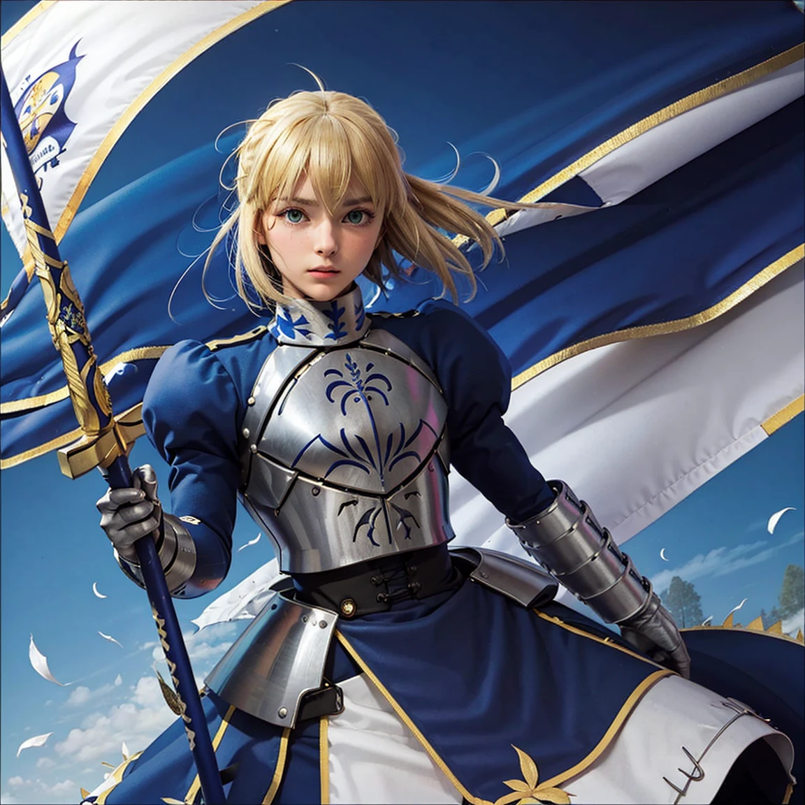 white flag, Hundred Years' War, holding, holding flag, war, in combat, inspire, <lora:altriaPendragonSaber_v10:0.7> saber-v1, (1girl, armor, armored dress, blonde hair, blue dress, blue ribbon, braid, breastplate, dress, faulds, french braid, gauntlets, green eyes, hair bun, hair ribbon, juliet sleeves, long hair, long sleeves, puffy sleeves, ribbon, sidelocks, solo:0.8)