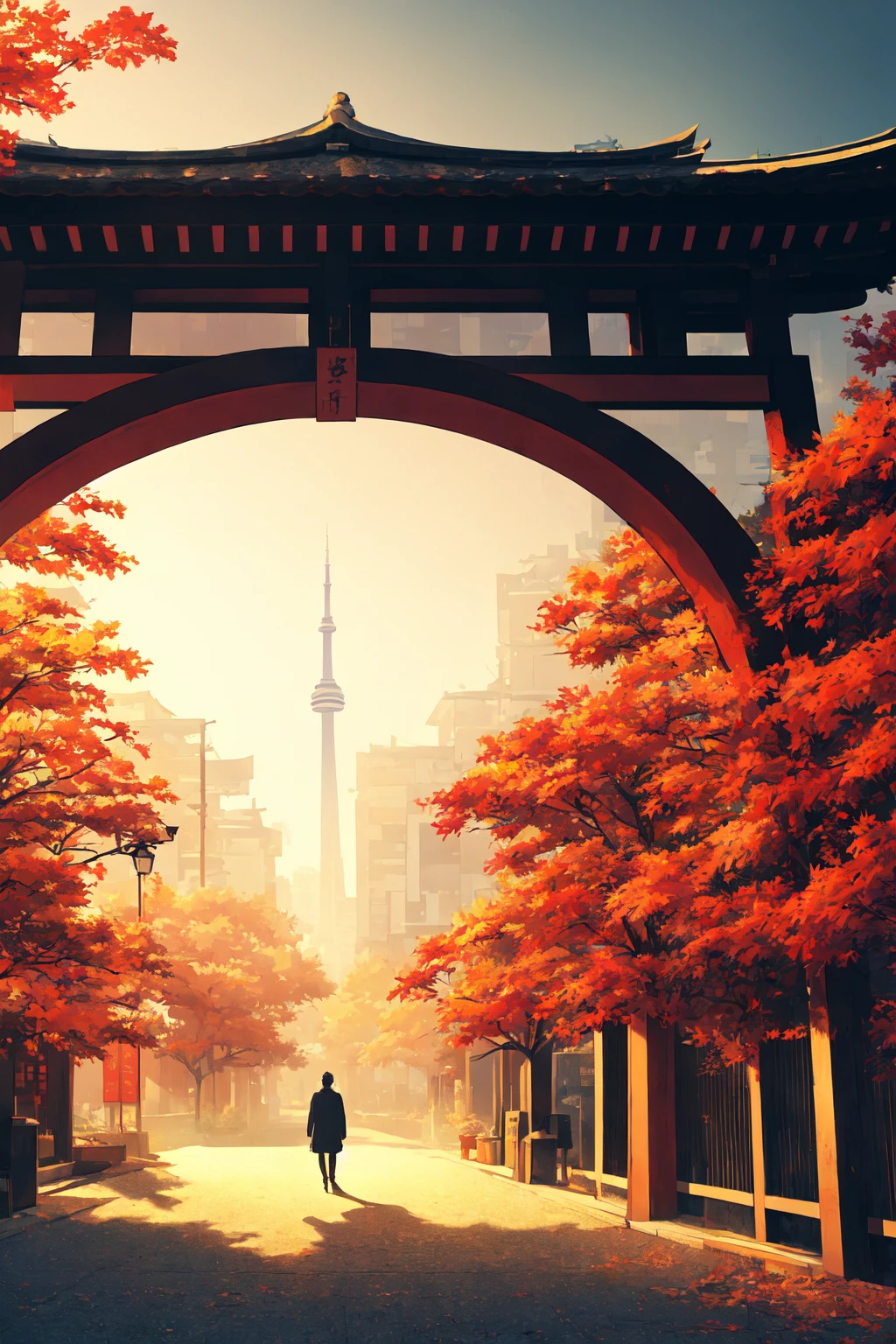(masterpiece, best illustration, no humans), anime background, vaporwave, kyoto in autumn, semi realistic, dreamscape, award winning masterpiece with incredible details, liminal space, highly detailed, Toronto, cinematic ,rim lighting ,octane render, wvebg1, bganidusk