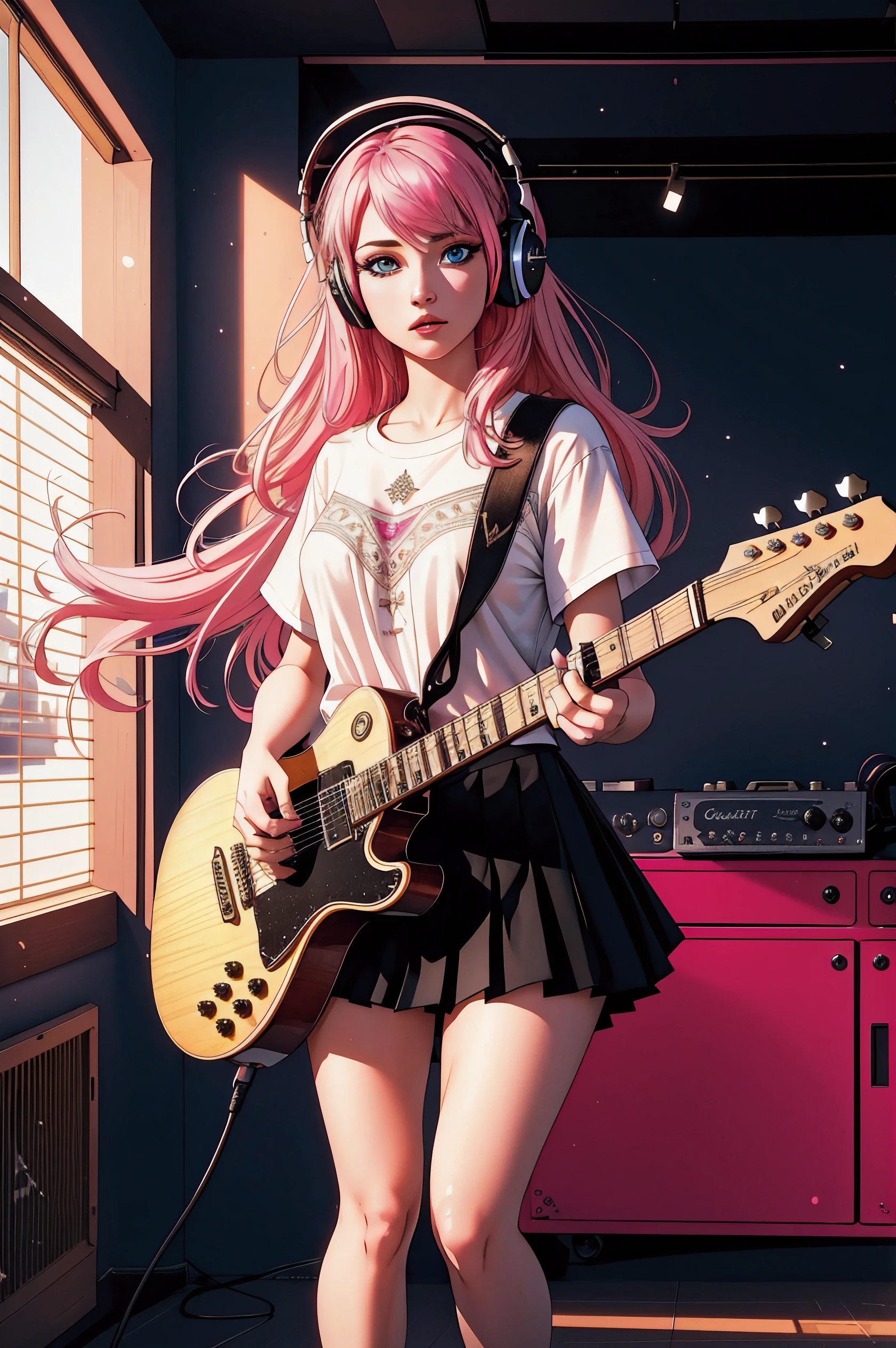 ((1girl)), ((cinematic light)), colorful, hyper detail, dramatic light, intricate details, best quality, (extremely detailed CG unity 8k wallpaper, masterpiece, best quality, ultra-detailed, best shadow), (detailed background:1.4), (beautiful detailed face, beautiful detailed eyes), High contrast, (best illumination, an extremely delicate and beautiful),(girl:1.5), solo, black skirt, blue eyes, electric guitar, guitar, headphones, holding, holding plectrum, instrument, long hair, music, one side up, pink hair, playing guitar, pleated skirt, black shirt, indoors ((caustic)), dynamic angle,beautiful detailed glow,full body, cowboy shot,