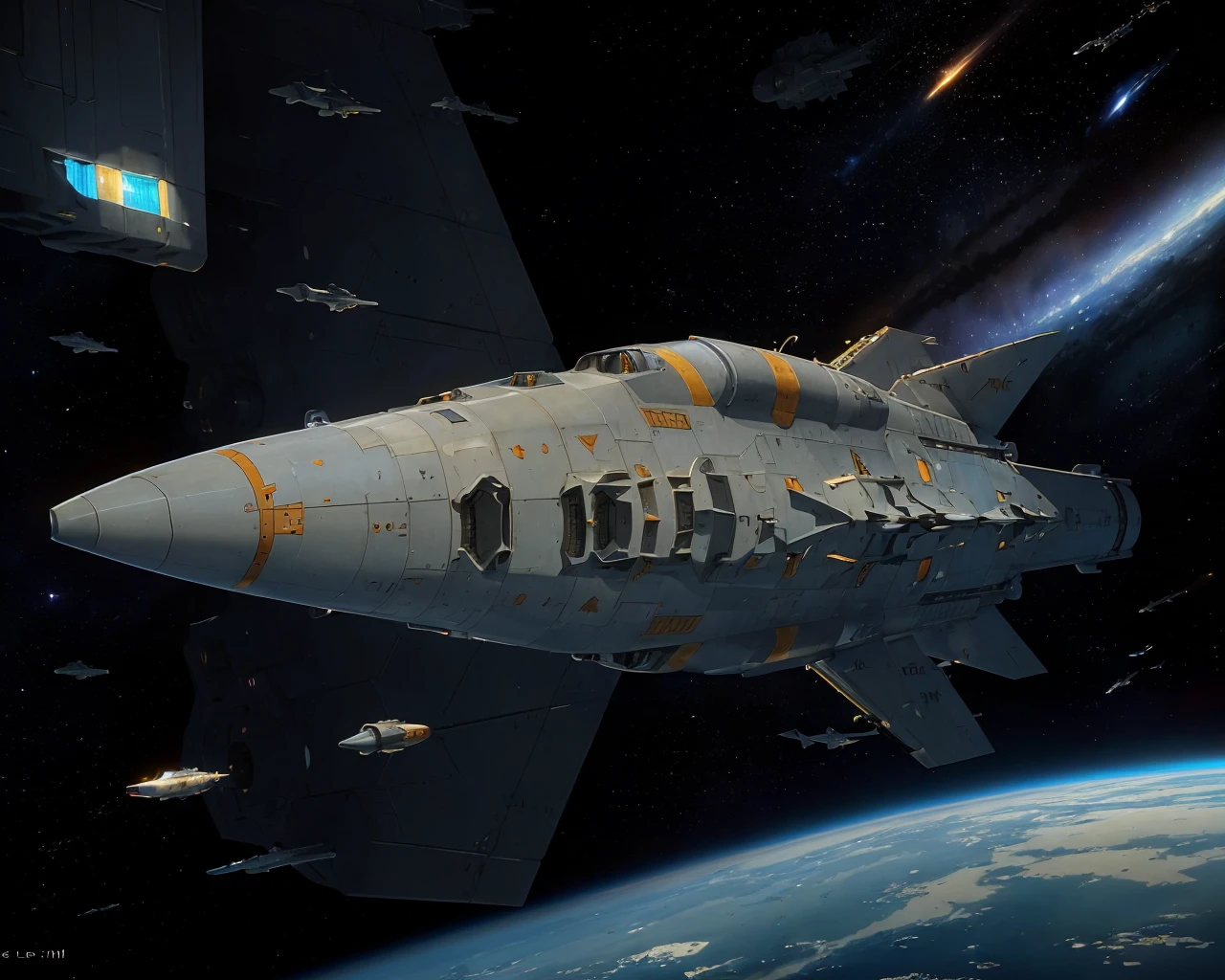 best quality,masterpiece,highly detailed,ultra-detailed,
(logh spacecraft, space_battleship look like Hammerhead sharks science fiction, scifi :1.3) in orbit earth \(planet\), starry sky, nebula, beam,laser,glowing engin,
<lora:LOGH:0.4>