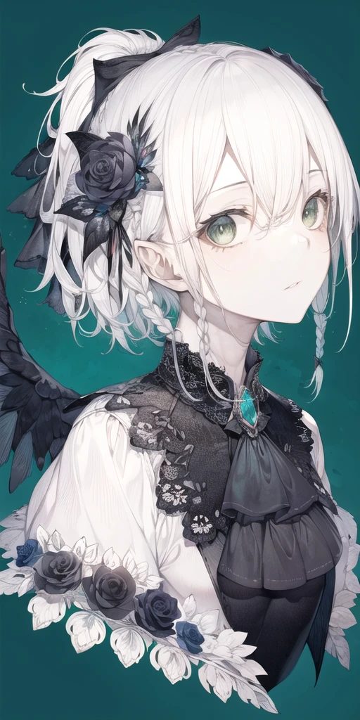 1girl, blue background, braid, cropped shoulders, expressionless, looking at viewer, moose, parted lips, short hair, side braids, simple background, solo, twin braids, upper body, white hair, green eyes, bangs, flower, ascot, hair ornament, animal, portrait, wings, brooch, jewelry, bow, hair bow, gem, closed mouth, hair between eyes, black bow, rose, black flower, white wings, ponytail, <lora:hito_loha_v2b:0.7>