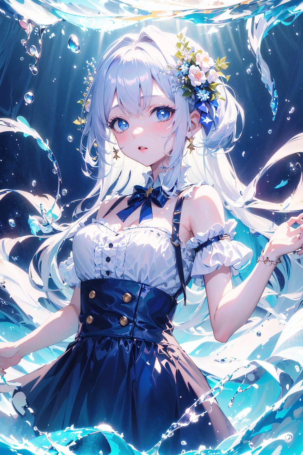 (masterpiece, top quality, best quality, official art, beautiful and aesthetic:1.2),
(1girl, solo), (kawaii:1.2),
([ water effects | Light Effects | Feathers effects ]:1.3),